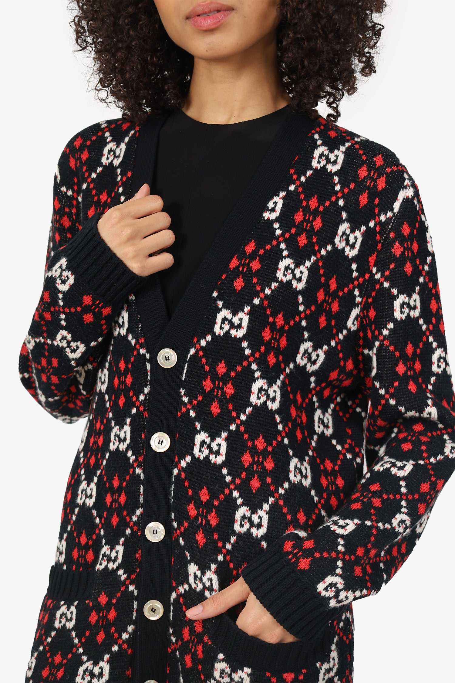 Gucci Black/Red Wool GG Logo Jacquard igan Size XS
