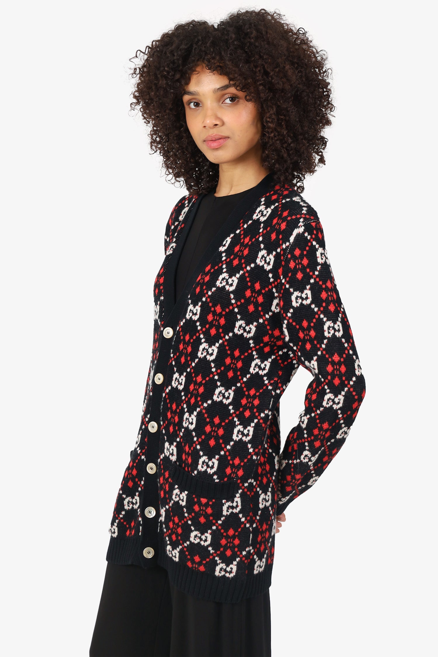 Gucci Black/Red Wool GG Logo Jacquard igan Size XS