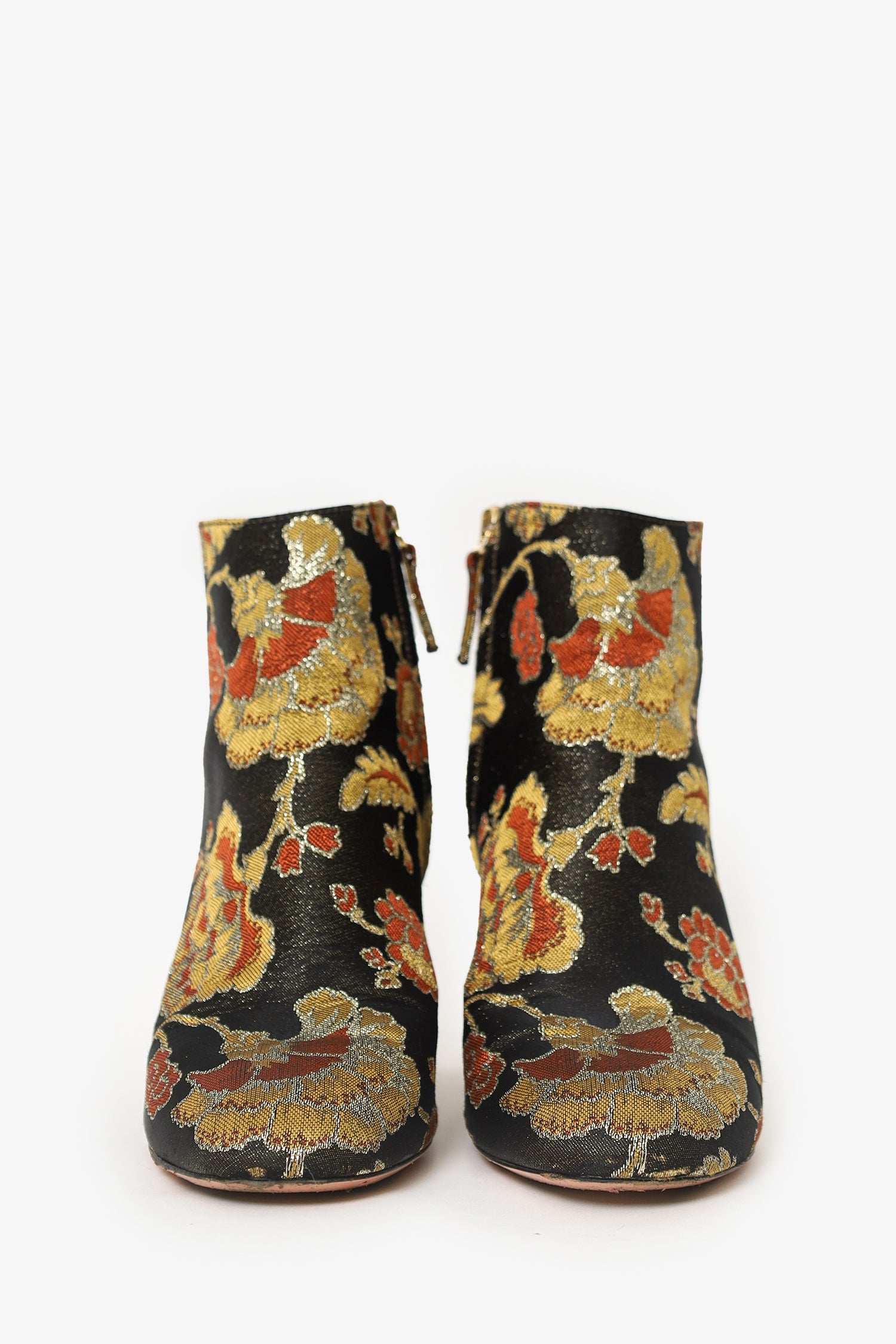 Aquazzura Black/Gold Satin Floral Ankle Boots Size 38