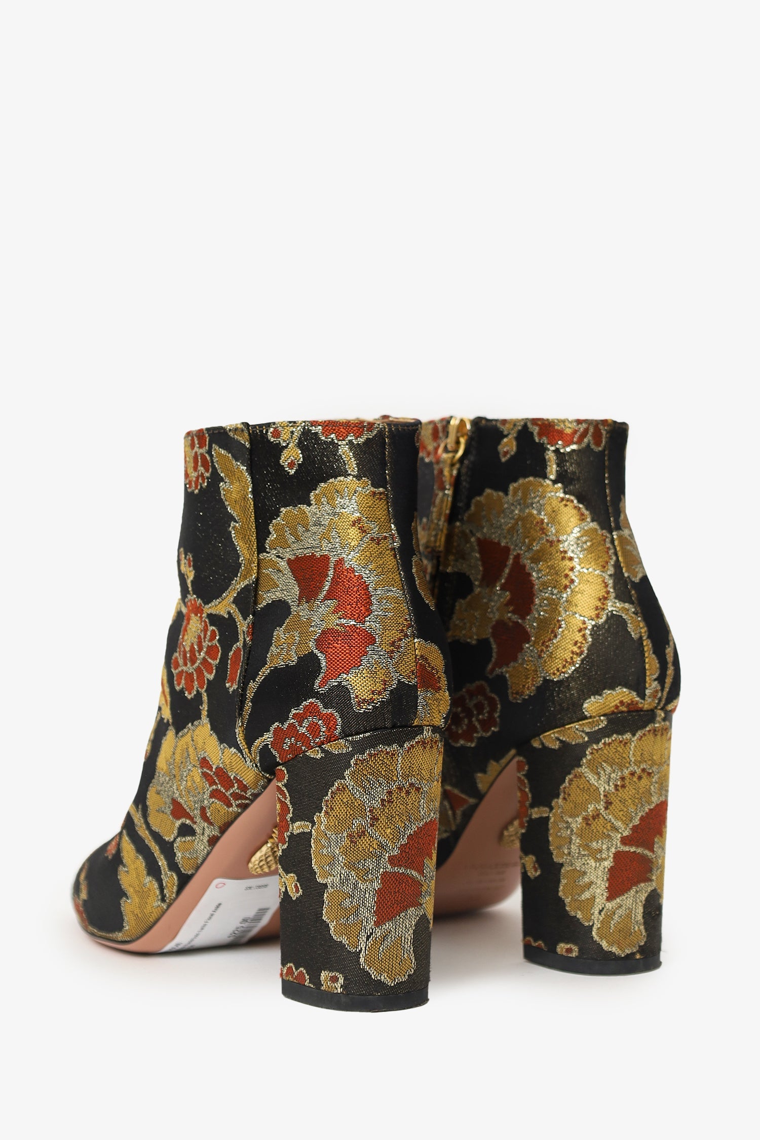 Aquazzura Black/Gold Satin Floral Ankle Boots Size 38