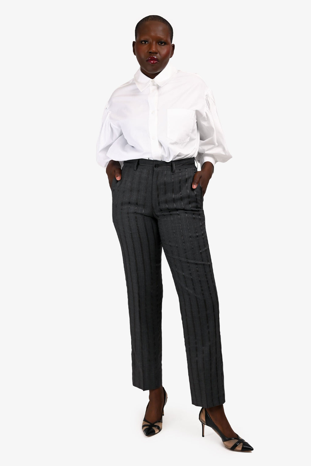 Etro Grey Metallic Pinstripe Pants Size 46