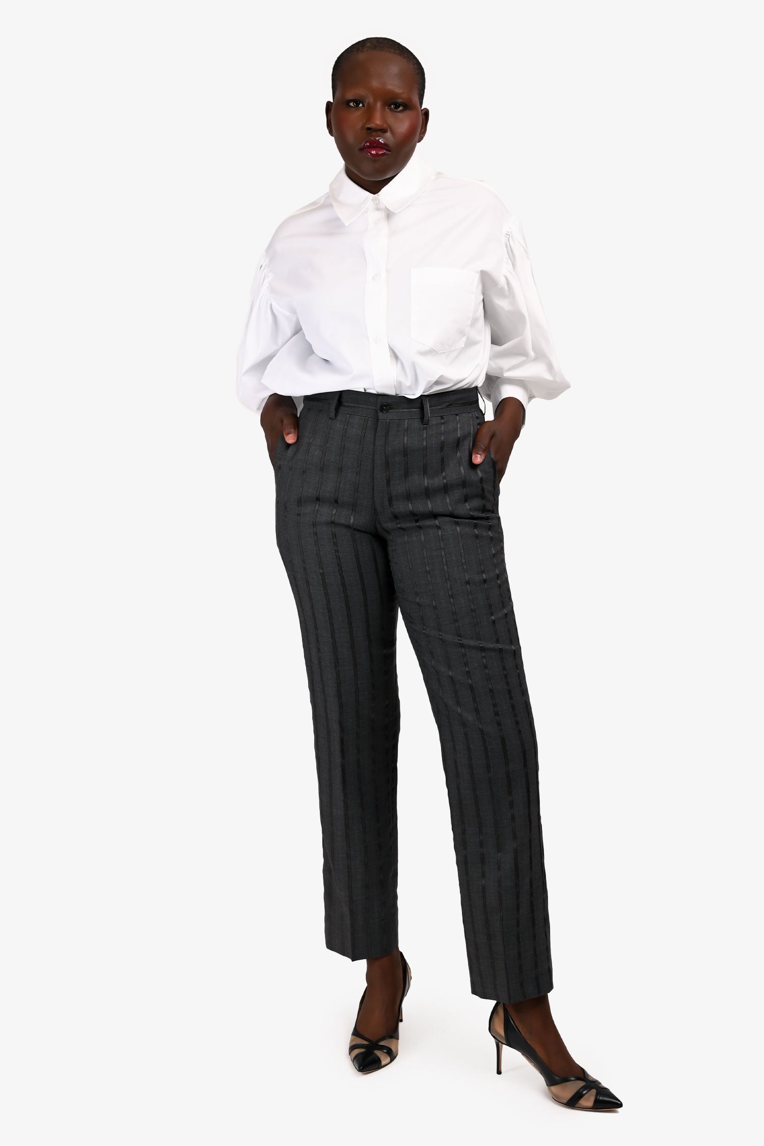 Etro Grey Metallic Pinstripe Pants Size 46