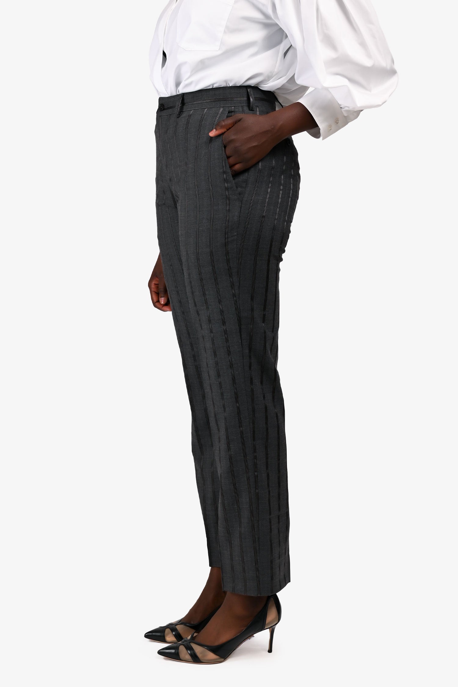 Etro Grey Metallic Pinstripe Pants Size 46