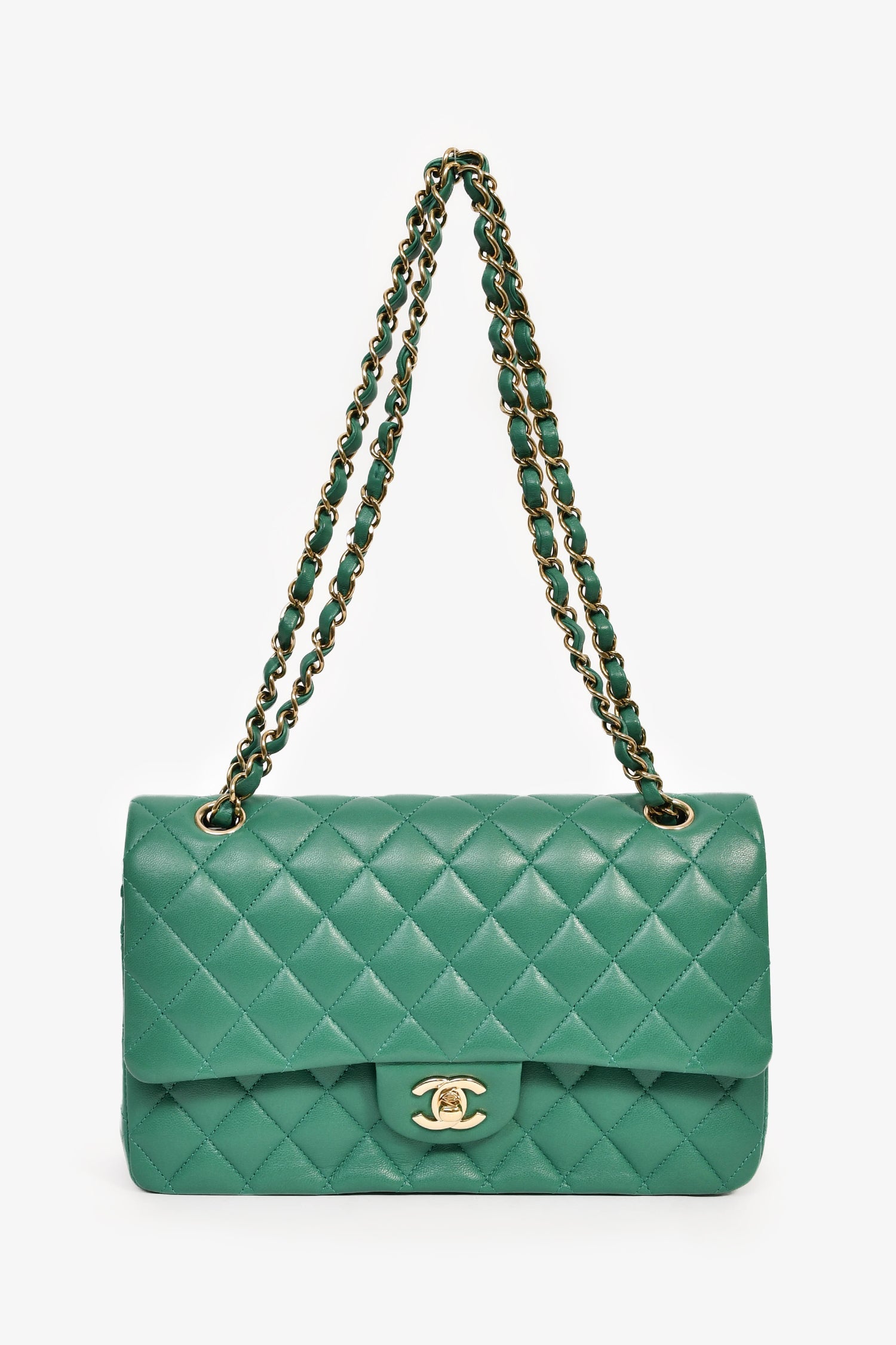 Pre-Loved Chanel™ 2022 Dark Green Lambskin Medium Classic Double Flap Shoulder Bag