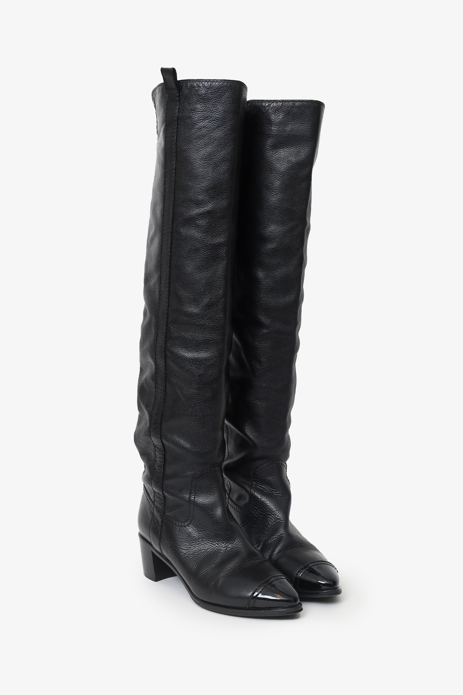 Pre-Loved Chanel™ Black Leather Cap Toe CC Boots Size 36.5