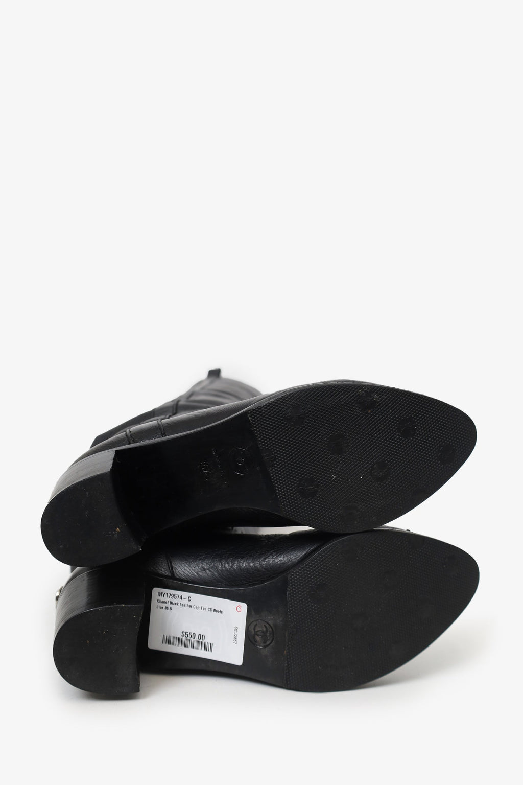 Pre-Loved Chanel™ Black Leather Cap Toe CC Boots Size 36.5