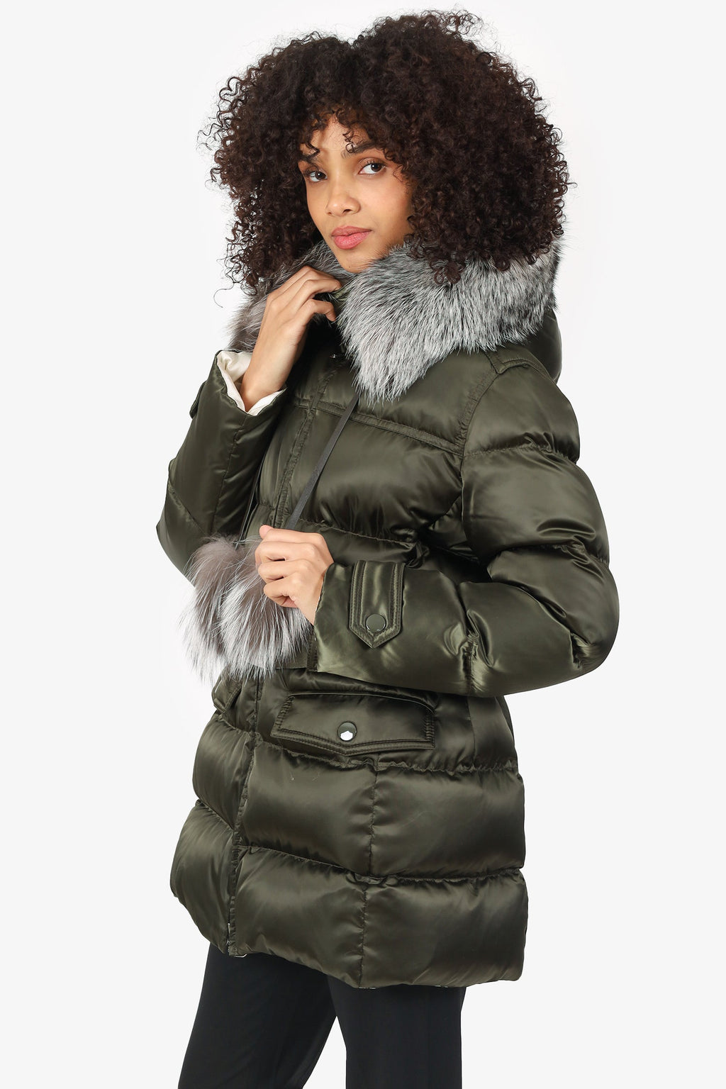 Prada Black Fox Fur Pom Pom Belted Puffer Jacket Size 46