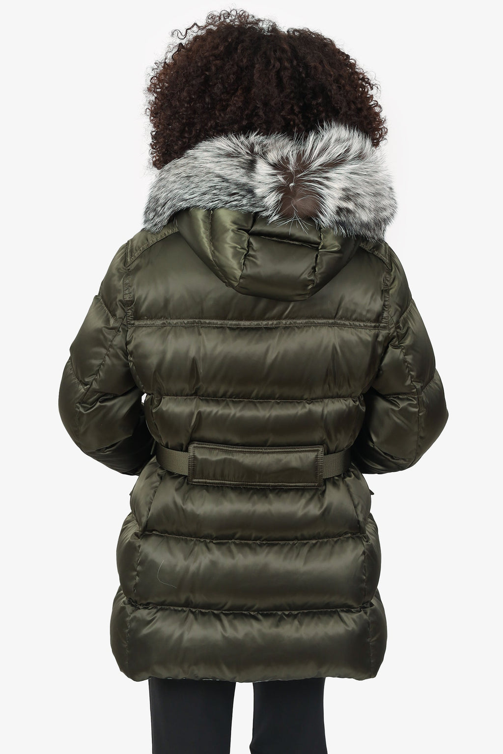 Prada Black Fox Fur Pom Pom Belted Puffer Jacket Size 46