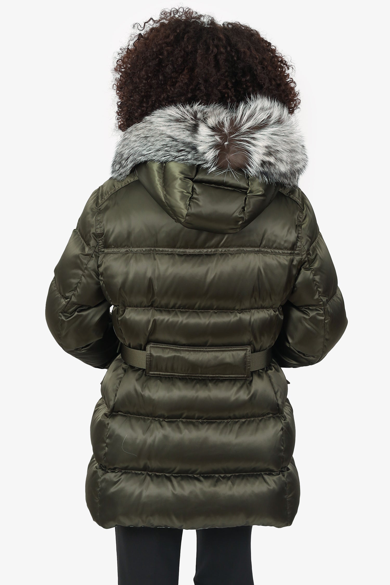 Prada Black Fox Fur Pom Pom Belted Puffer Jacket Size 46