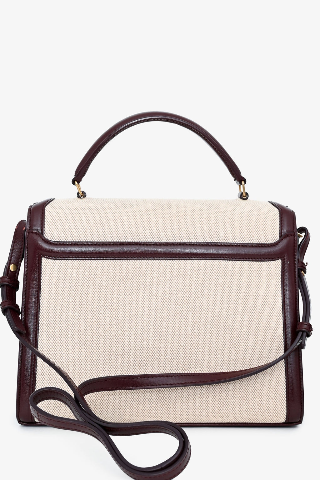 Saint Laurent 2020 Cream/Burgundy Canvas Leather-Trimmed Medium Cassandra Top Handle