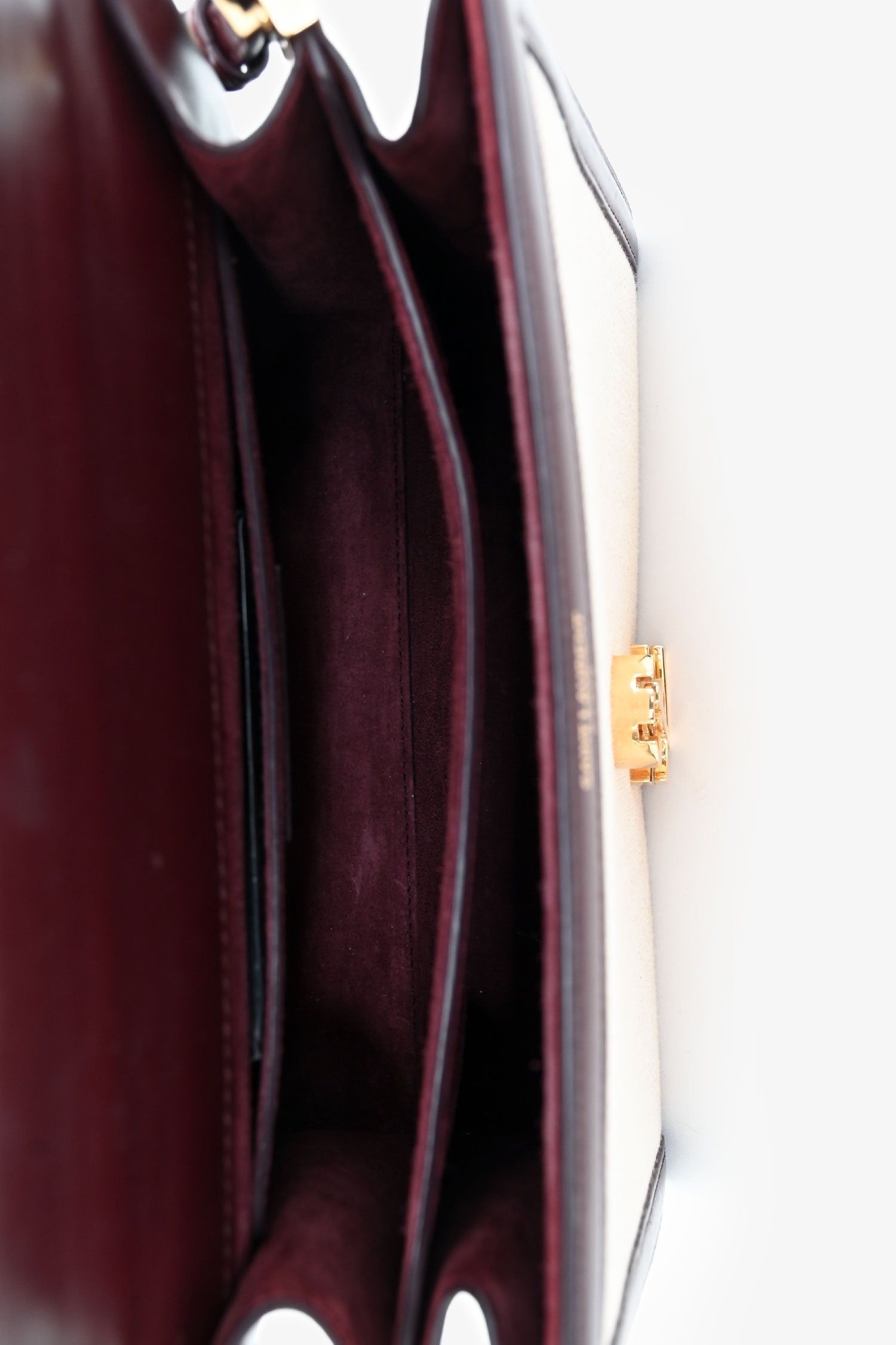 Saint Laurent 2020 Cream/Burgundy Canvas Leather-Trimmed Medium Cassandra Top Handle