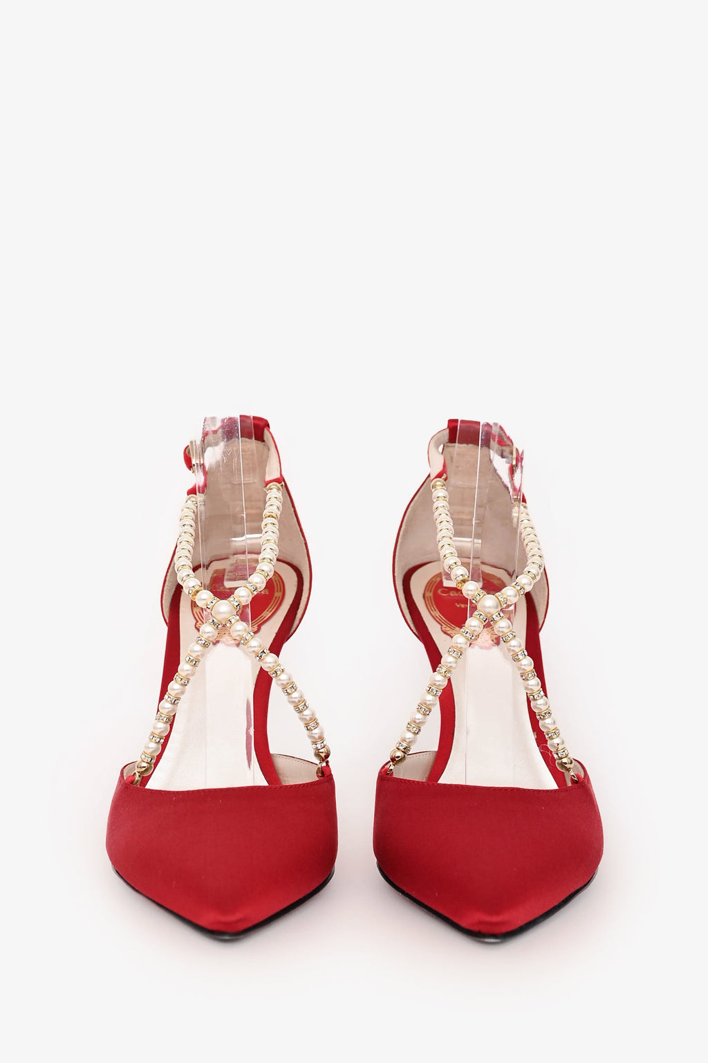 Rene Caovilla Red Satin/Faux Pearl Heels Size 37