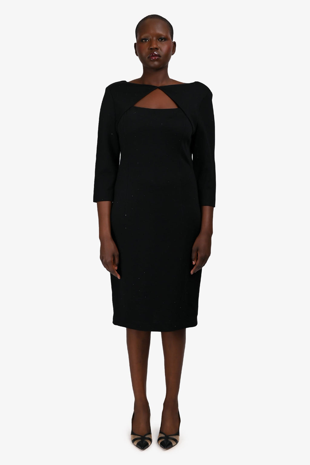 St. John Black Beaded Padded Shoulder Cut Out 3/4 Sleeve Dress Size 12