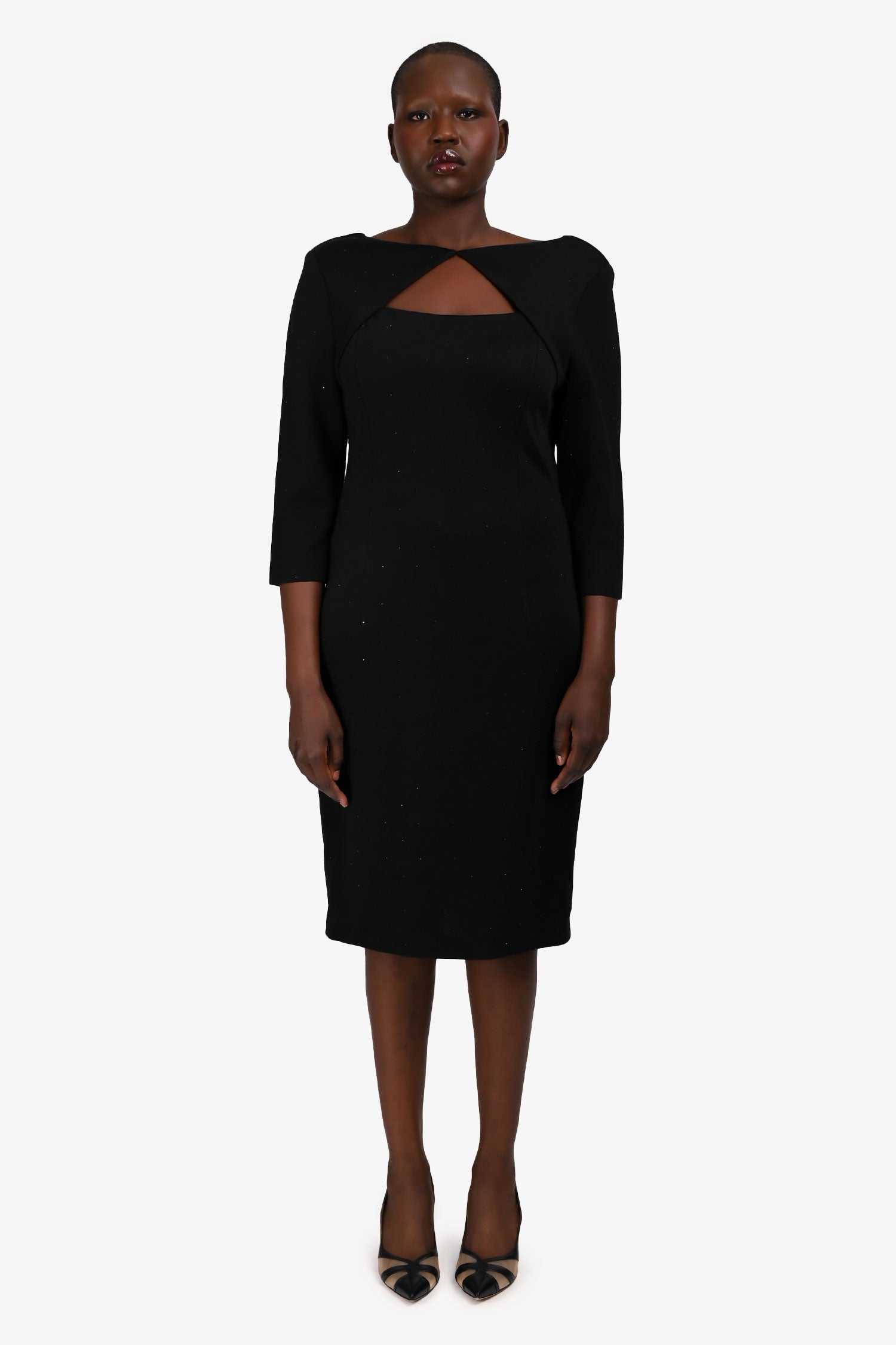 St. John Black Beaded Padded Shoulder Cut Out 3/4 Sleeve Dress Size 12