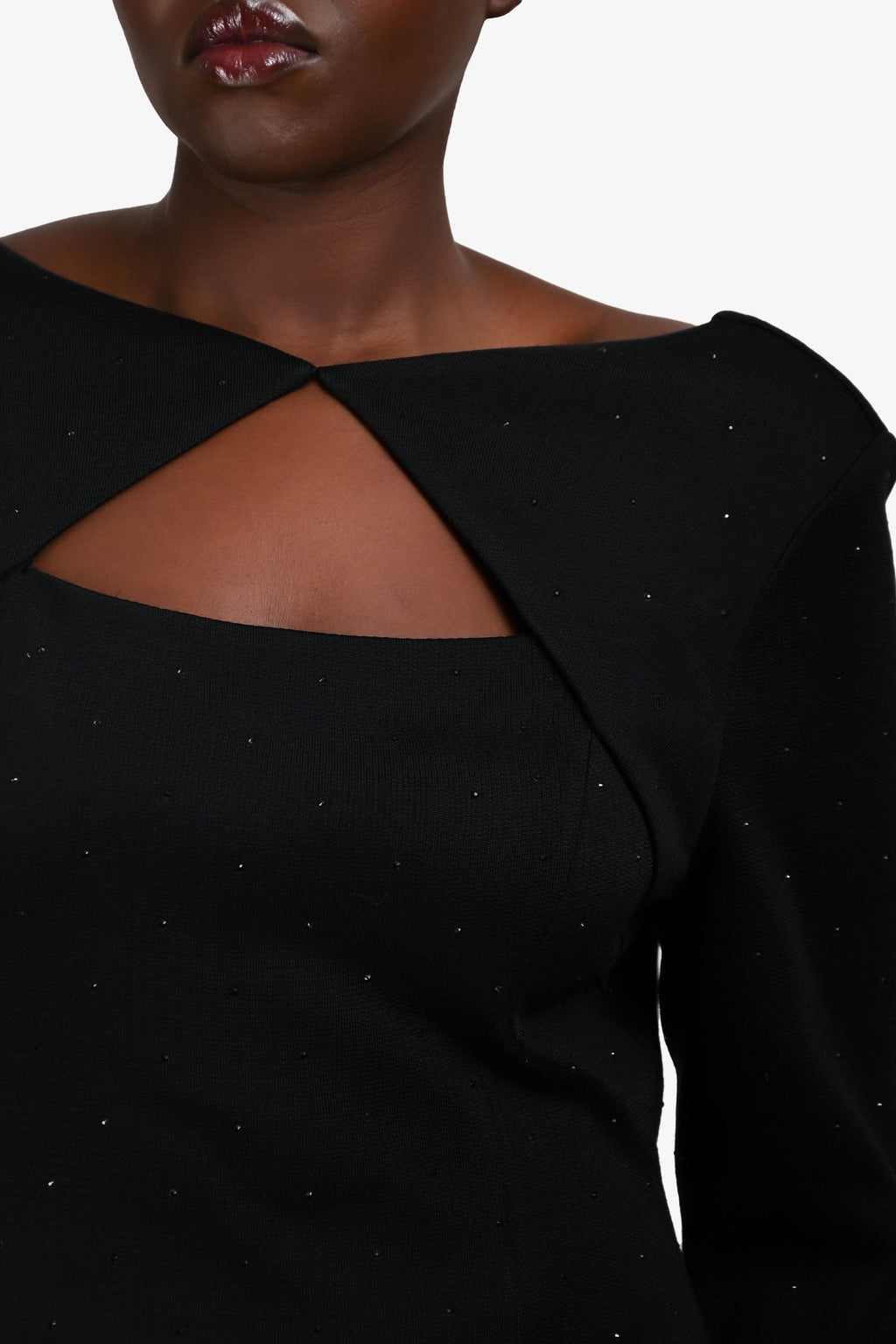 St. John Black Beaded Padded Shoulder Cut Out 3/4 Sleeve Dress Size 12