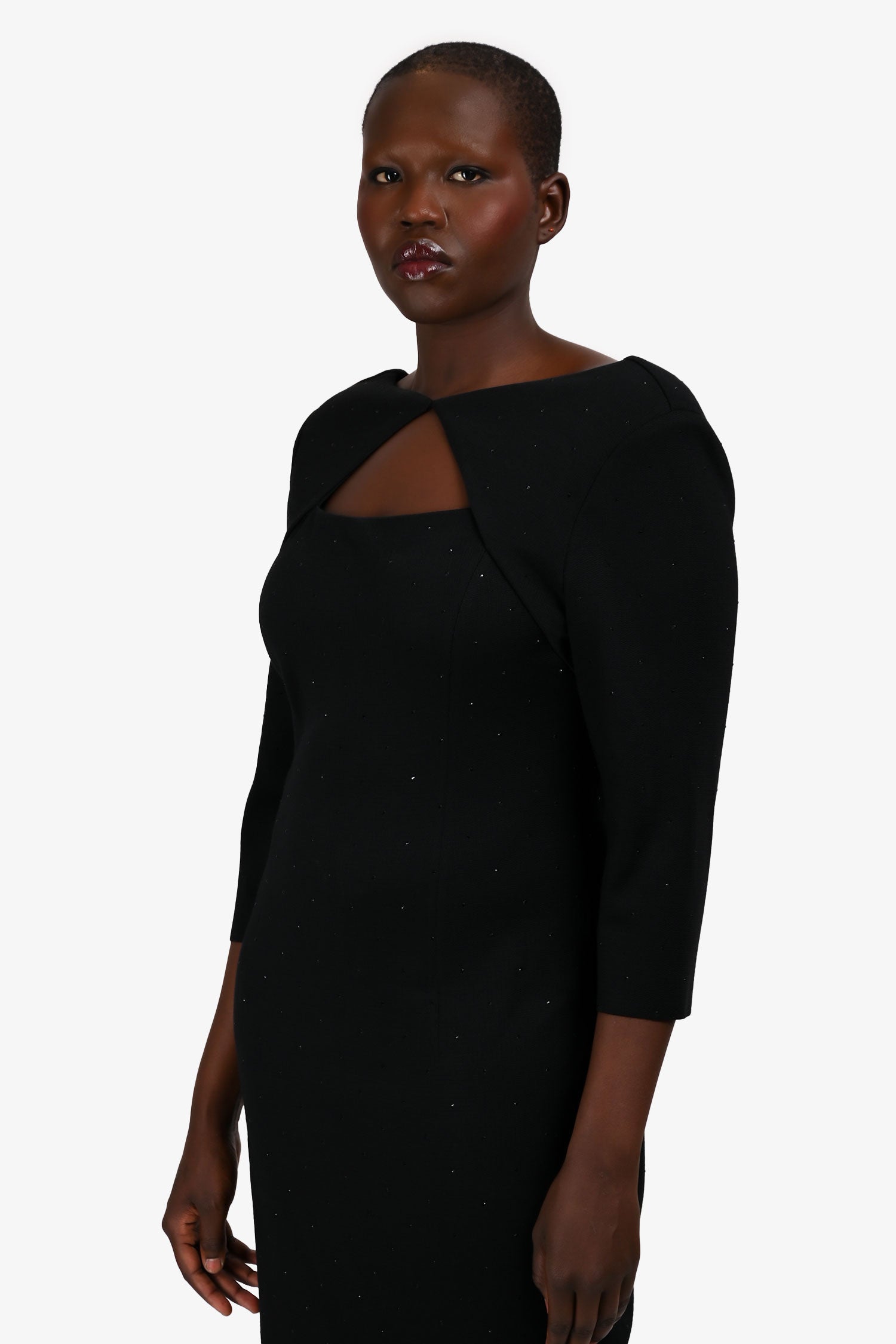 St. John Black Beaded Padded Shoulder Cut Out 3/4 Sleeve Dress Size 12