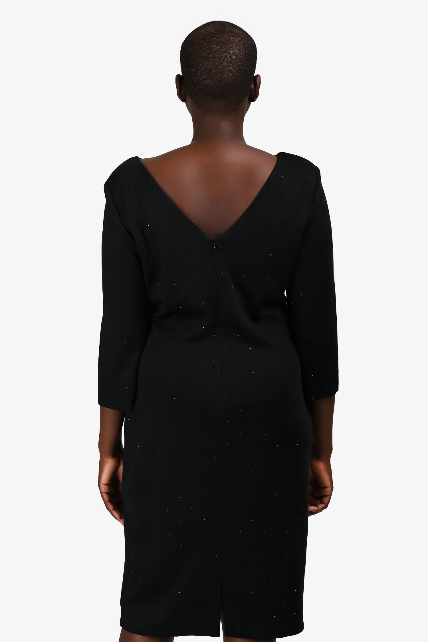 St. John Black Beaded Padded Shoulder Cut Out 3/4 Sleeve Dress Size 12