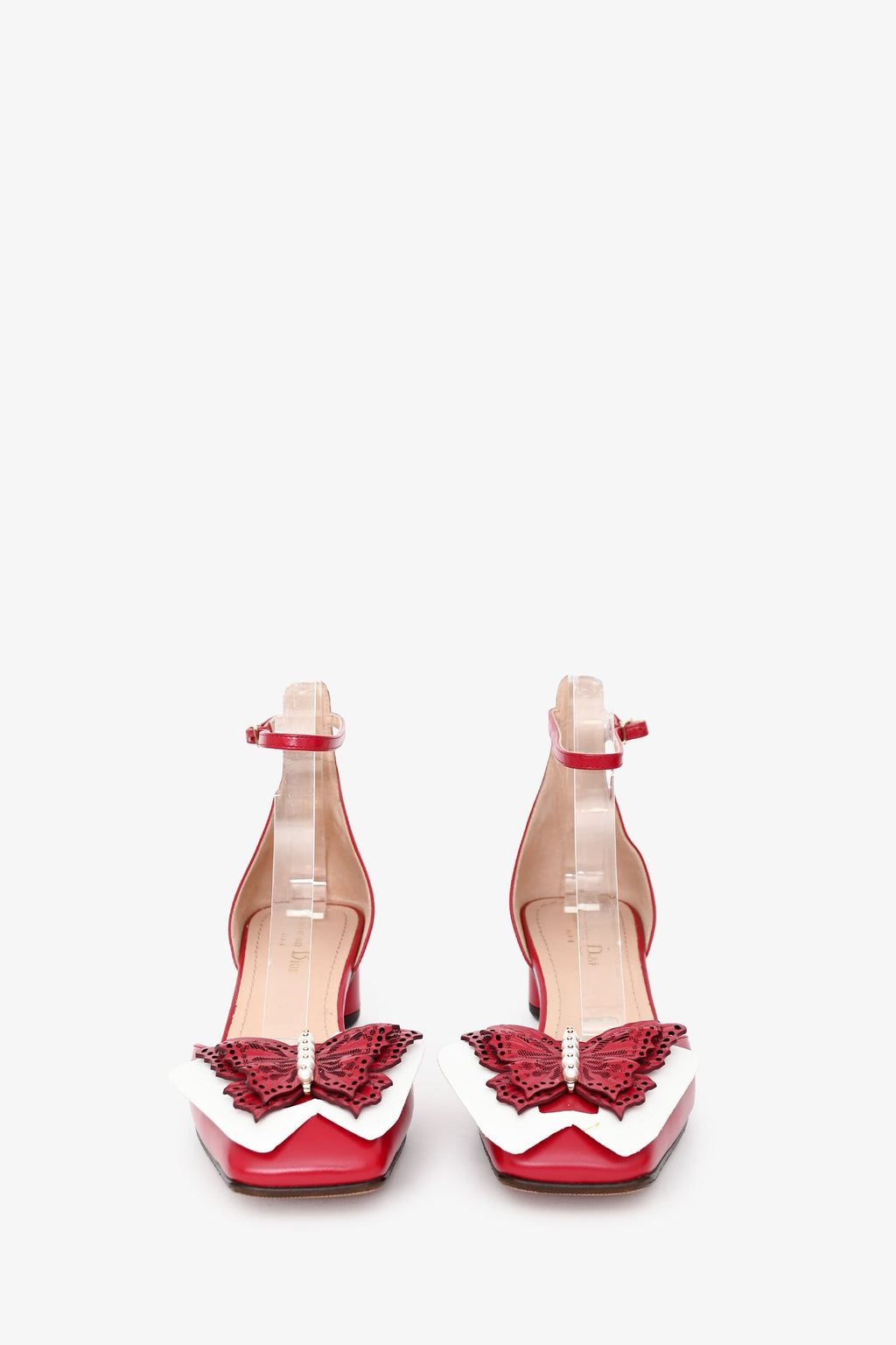 Christian Dior Red Leather Butterfly Kitten Block Heels Size 38.5