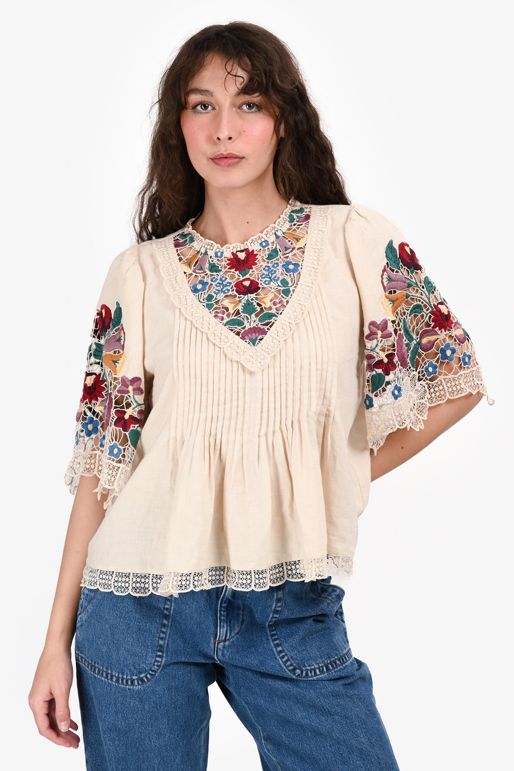 Sea New York Beige Cotton Floral Embroidered Short Sleeve Top Size L