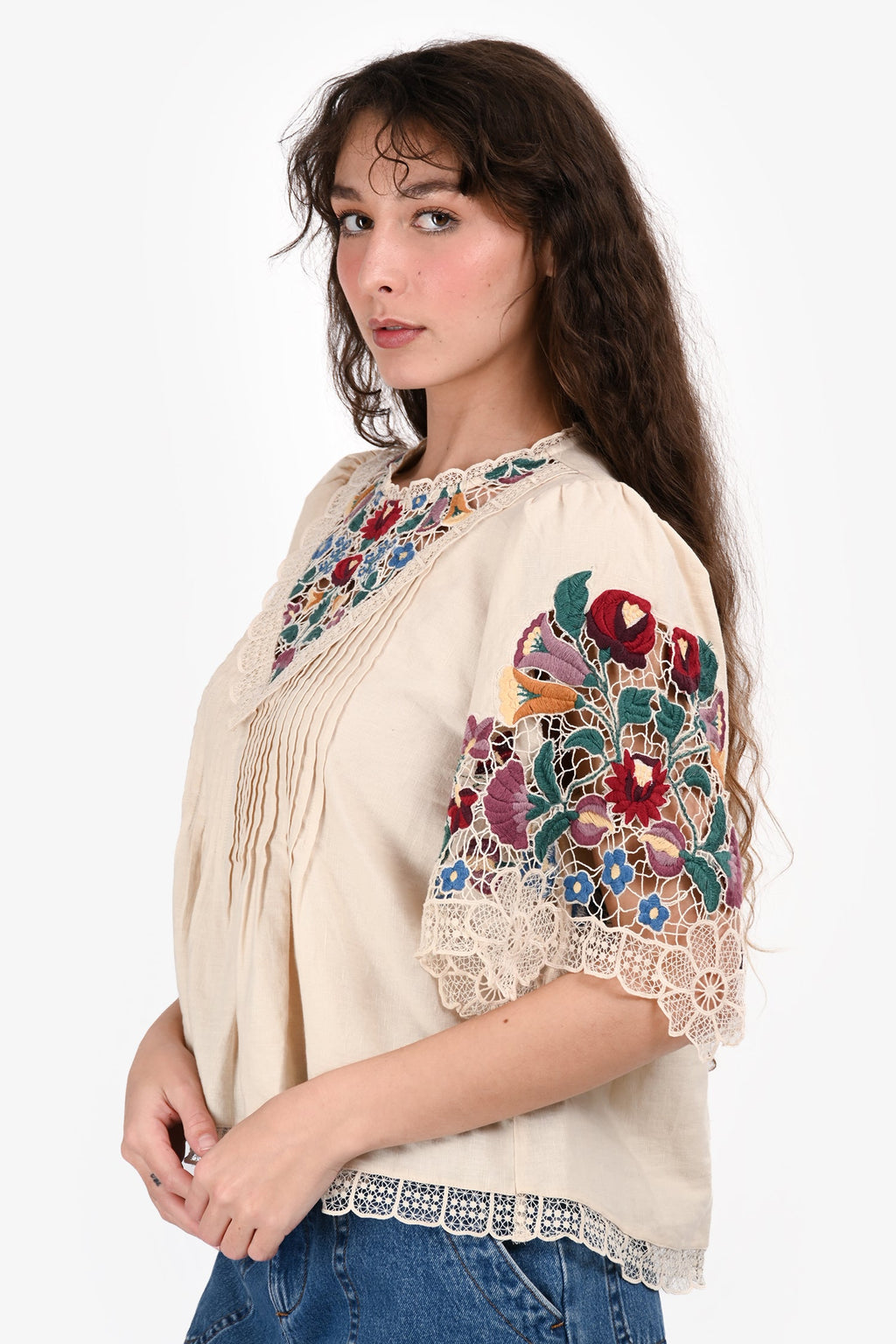 Sea New York Beige Cotton Floral Embroidered Short Sleeve Top Size L