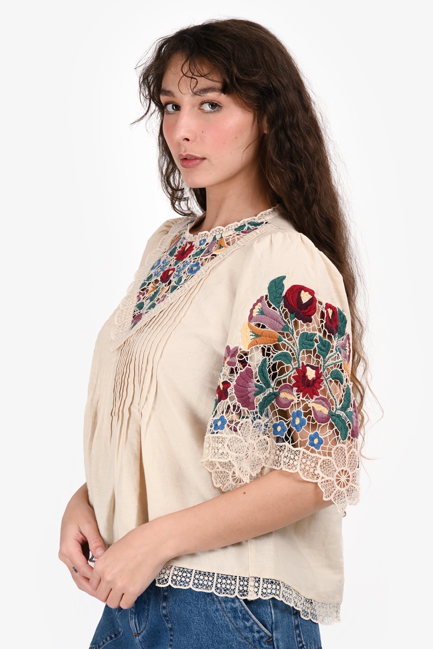 Sea New York Beige Cotton Floral Embroidered Short Sleeve Top Size L