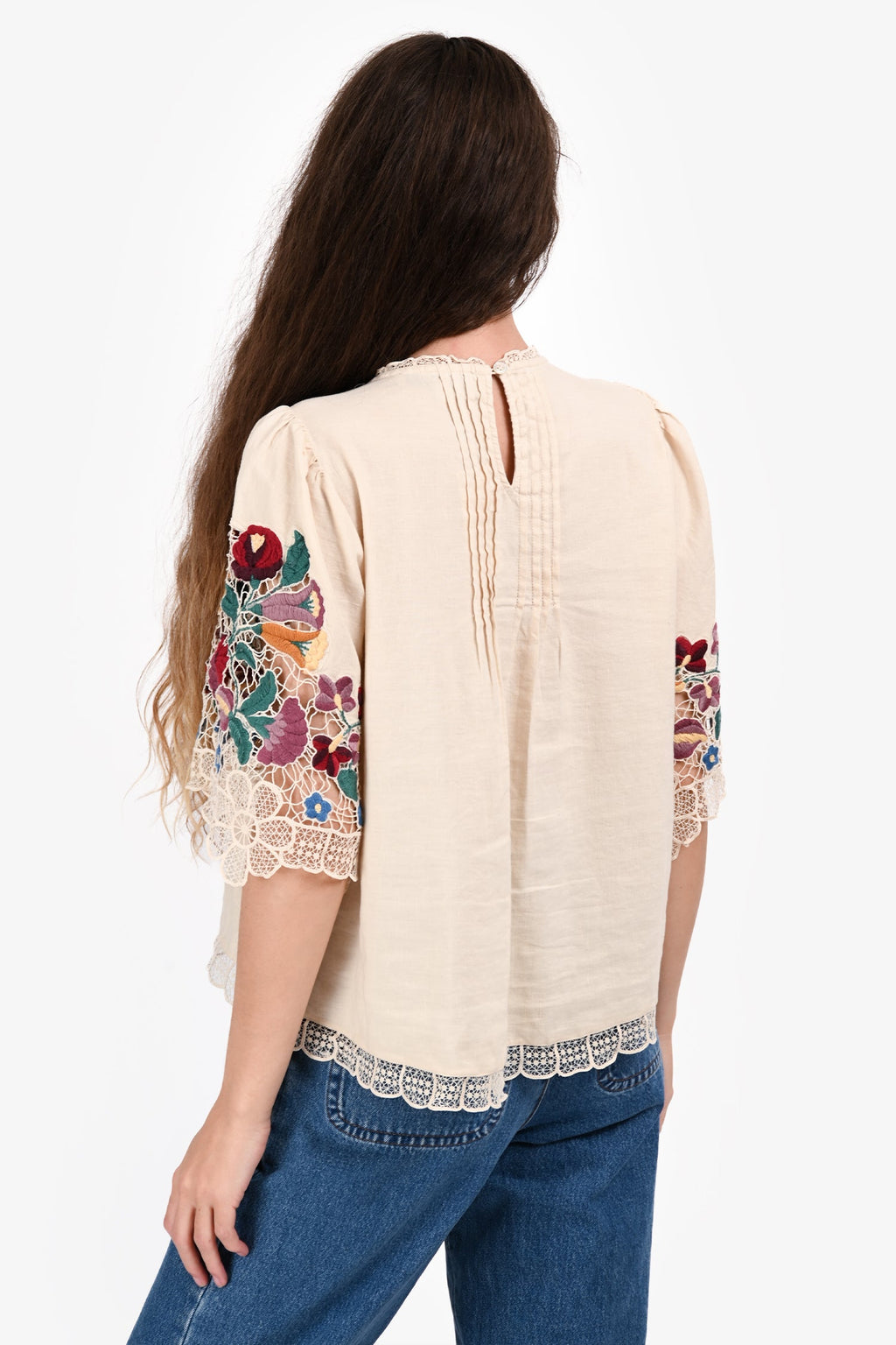 Sea New York Beige Cotton Floral Embroidered Short Sleeve Top Size L