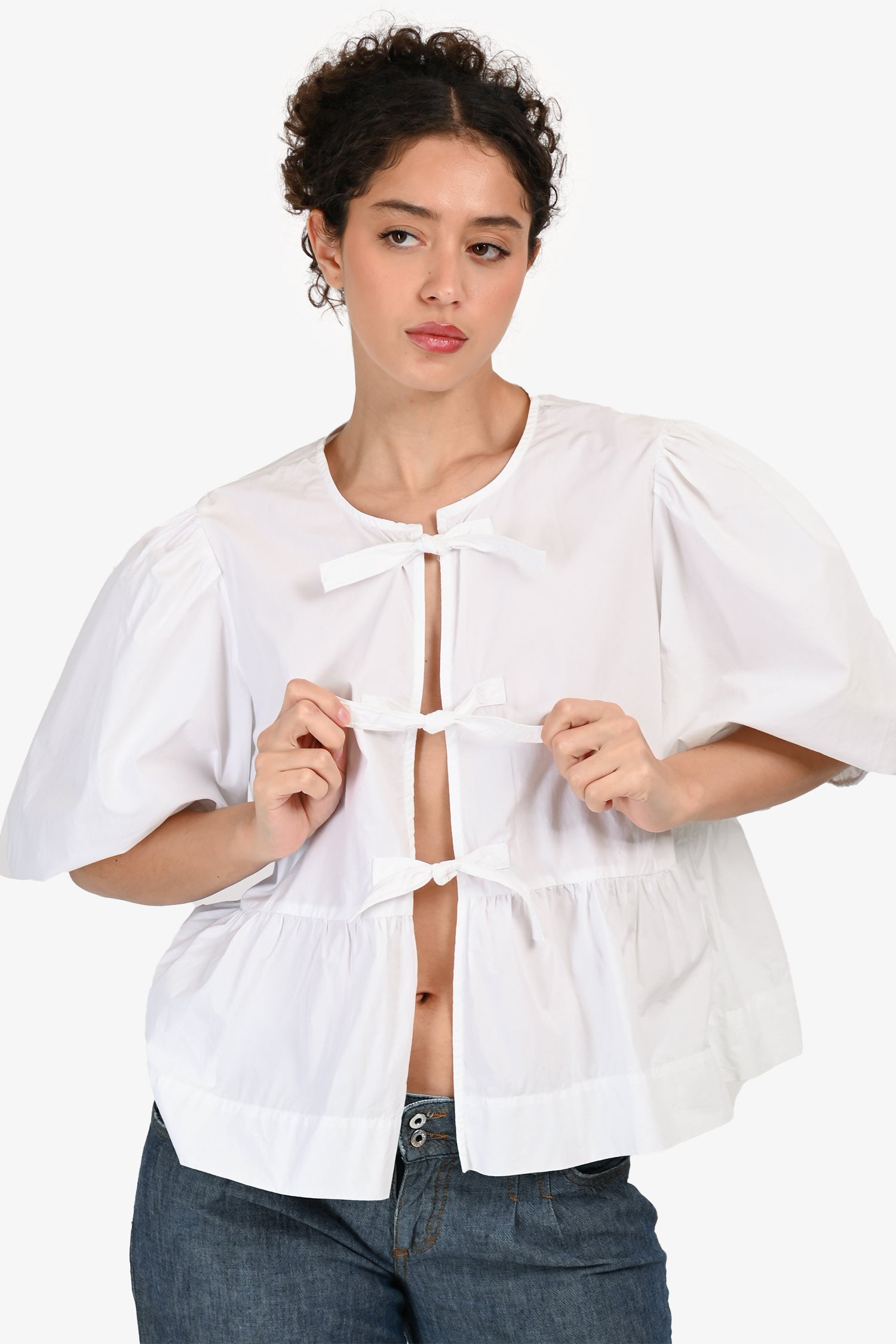 Ganni White Cotton Bow Peplum Top Size 42