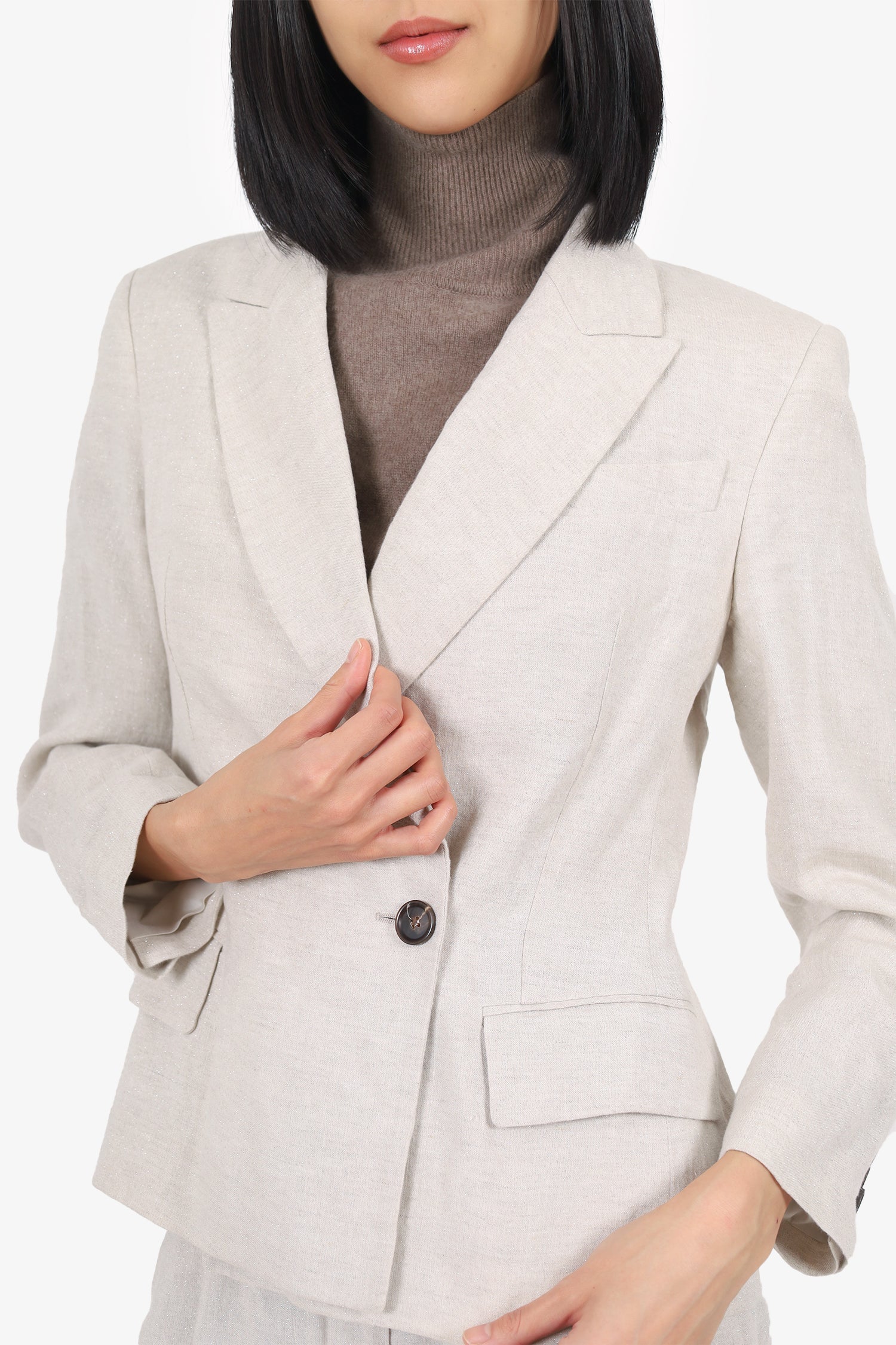 Brunello Cucinelli Beige Glitter Linen Single Breasted Suit Set Size 38/32