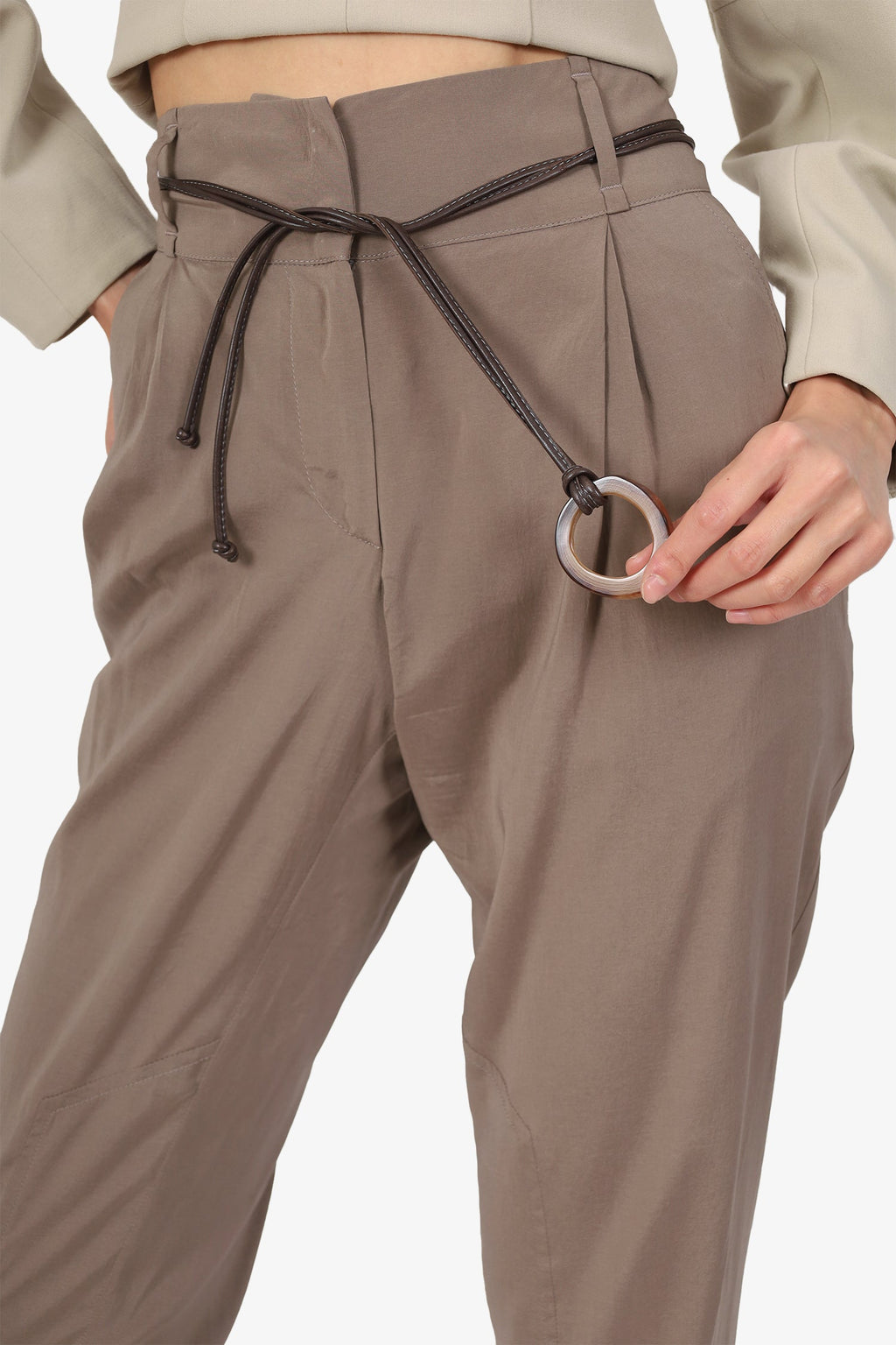 Brunello Cucinelli Beige Silk Straight Leg Trousers With Leather Belt Size 6
