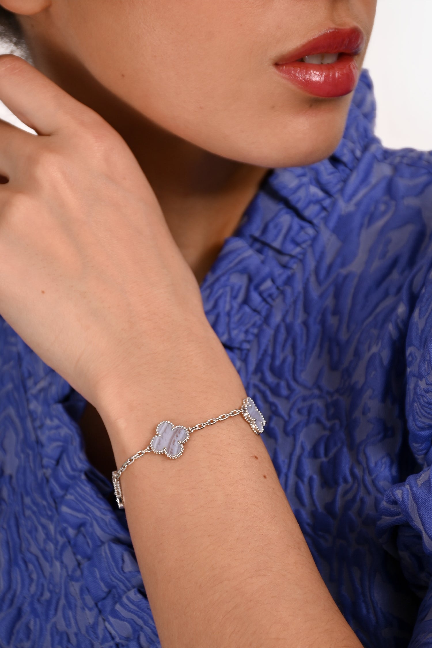 Van Cleef & Arpels 18K White Gold Chalcedony 5-Motif Alhambra Bracelet