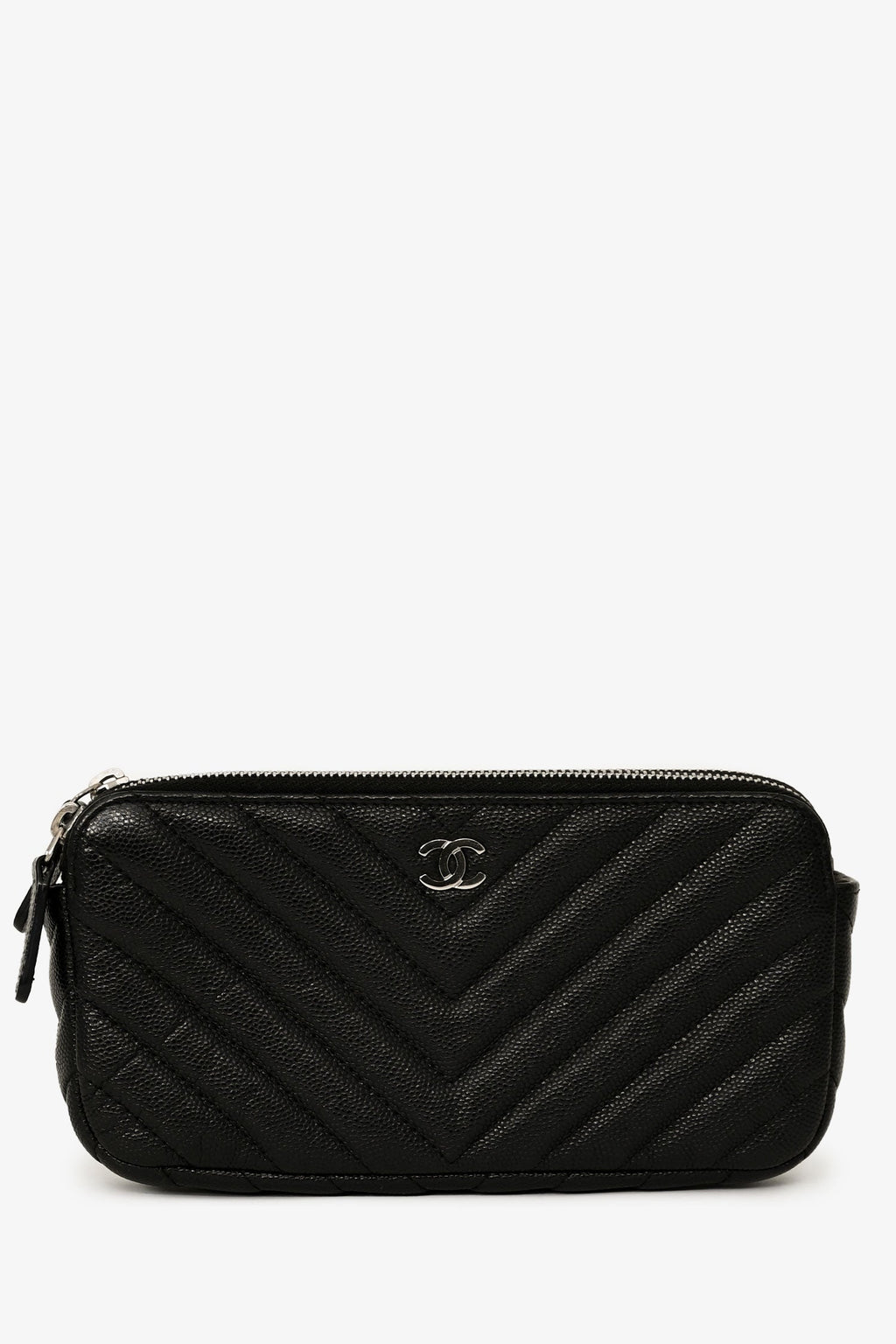 Pre-Loved Chanel™ 2017/18 Black Caviar Chevron Double Zip Wallet On Chain