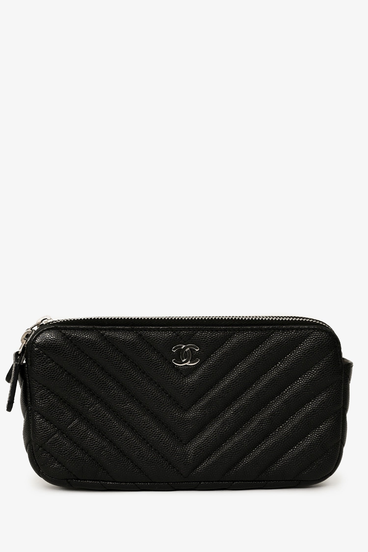 Pre-Loved Chanel™ 2017/18 Black Caviar Chevron Double Zip Wallet On Chain
