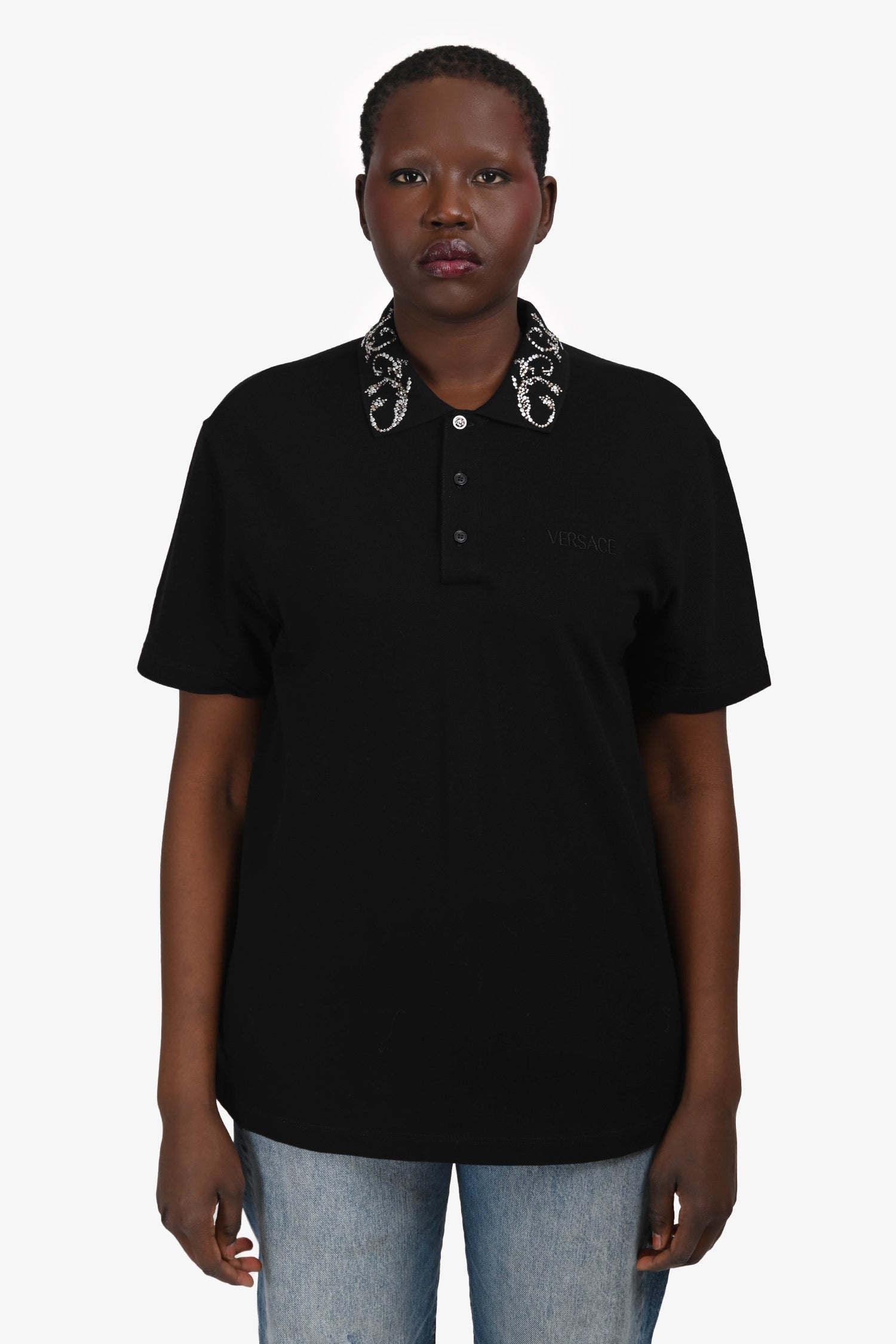 Versace Black Cotton Crystal Polo T-Shirt Size M Mens