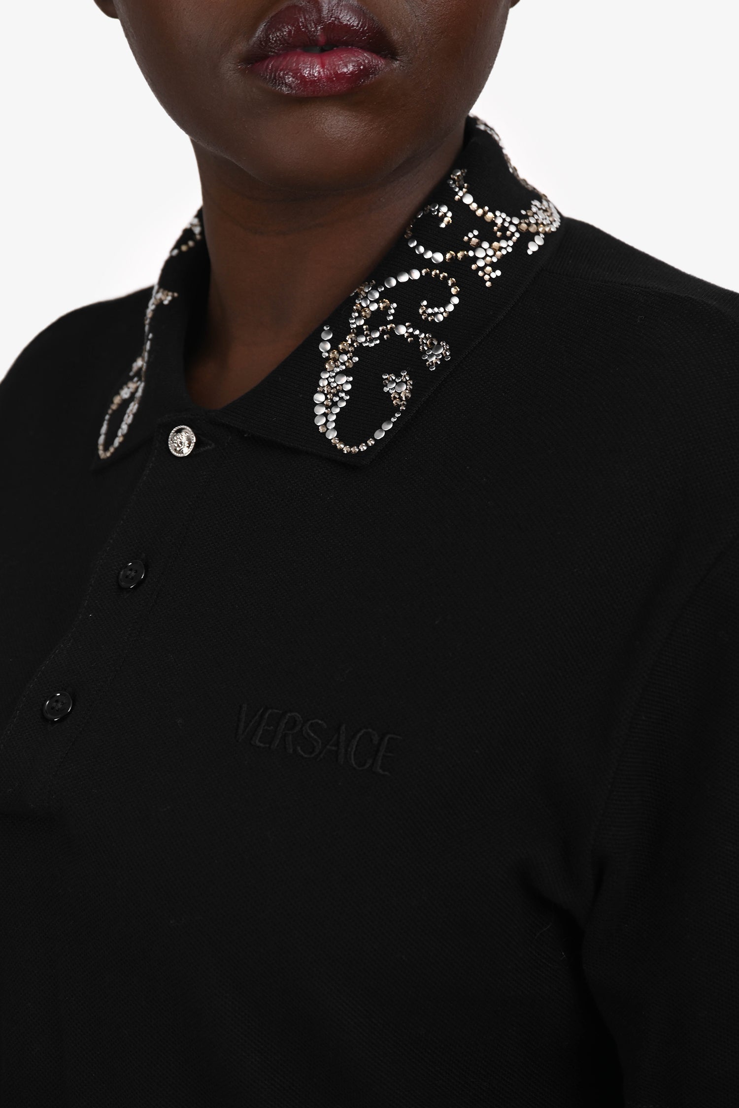 Versace Black Cotton Crystal Polo T-Shirt Size M Mens