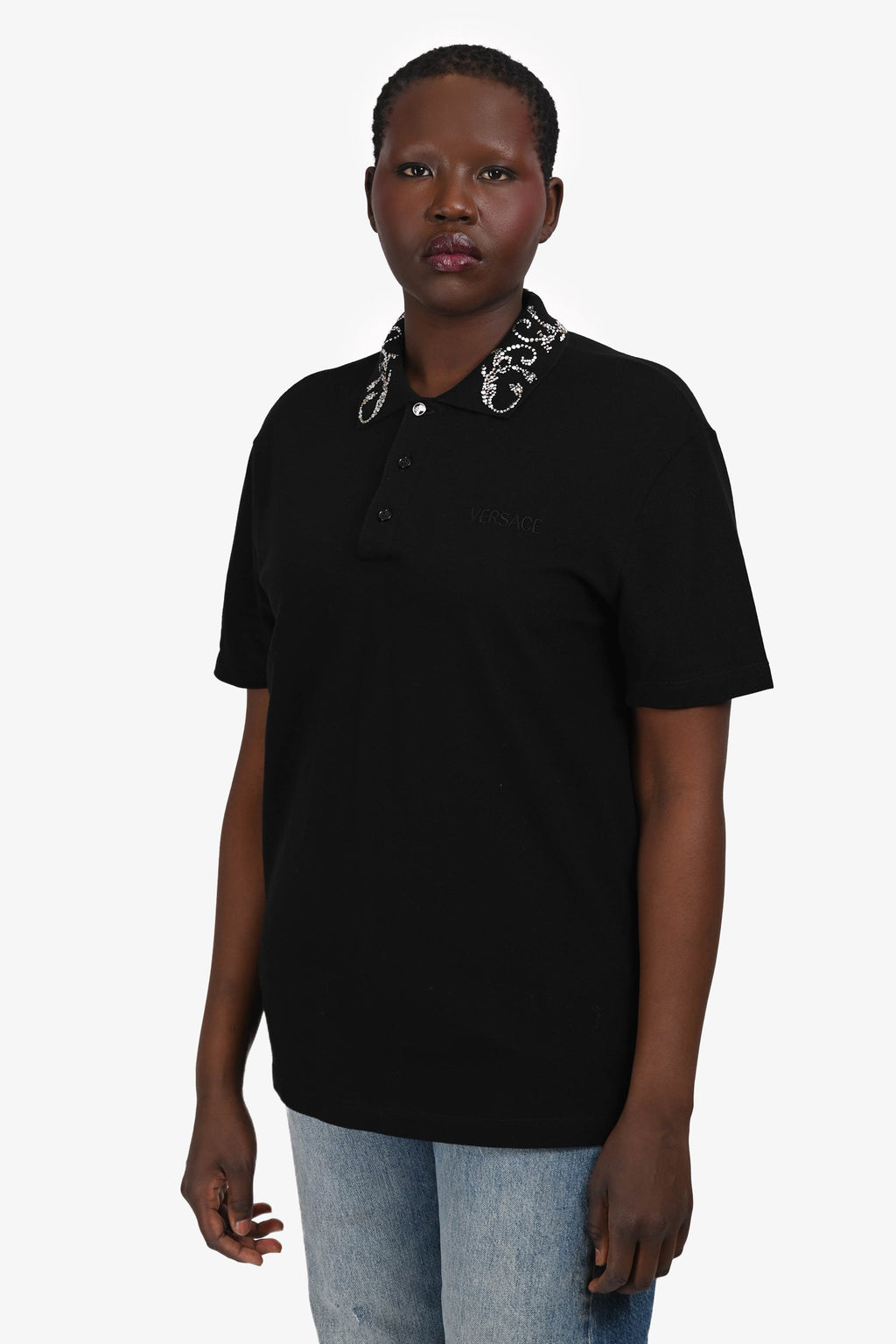 Versace Black Cotton Crystal Polo T-Shirt Size M Mens