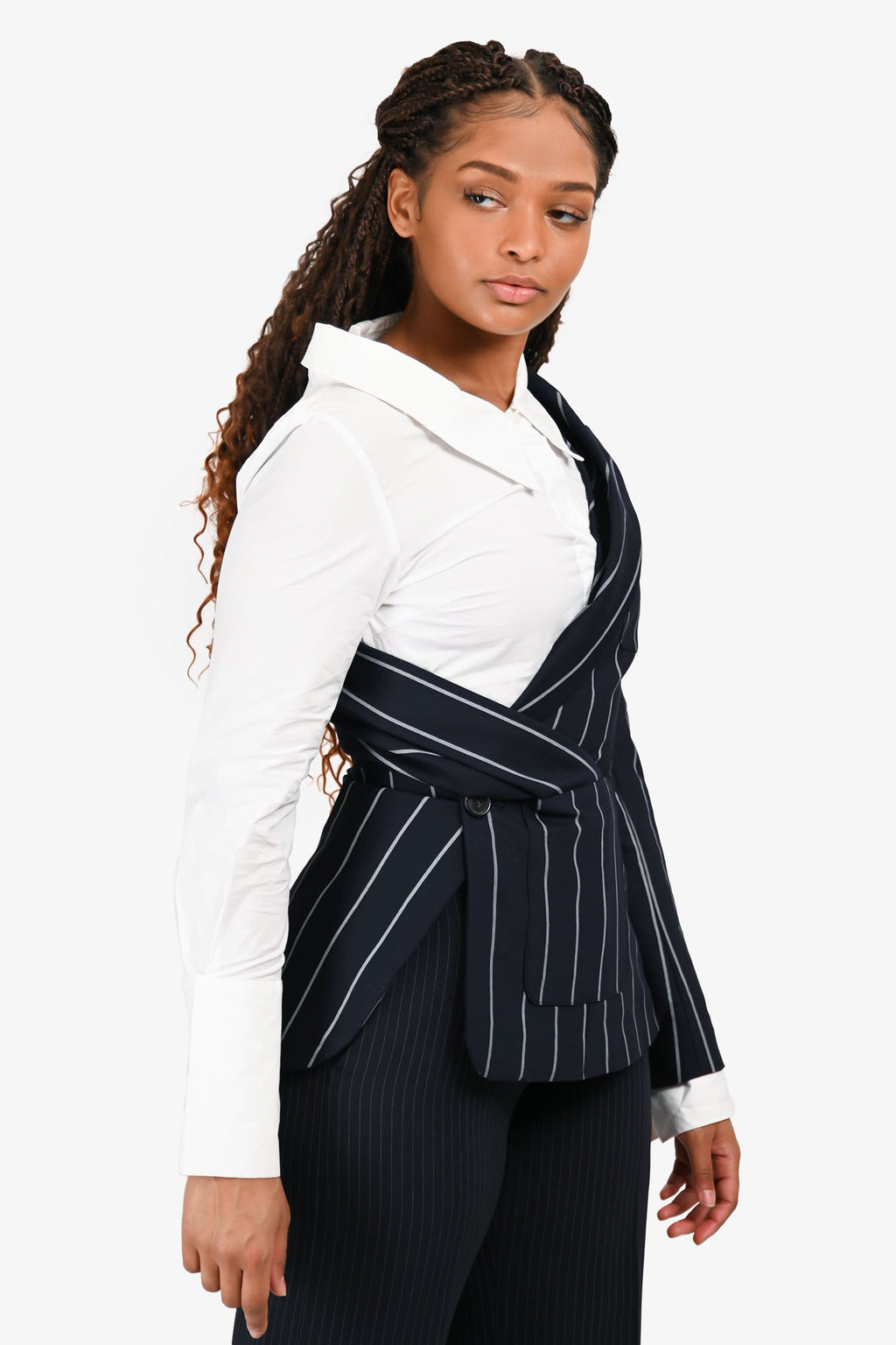 Monse 2020 Runway Blue/White Pinstripe Asymmetrical Shirt/Blazer Size M