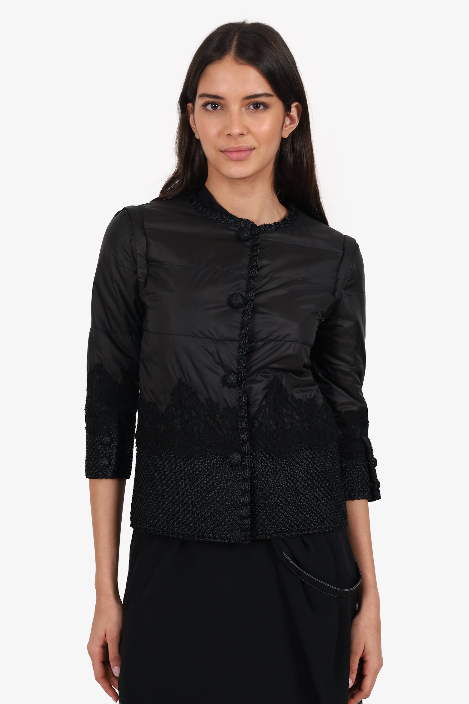 Ermanno Scervino Black Quilted Embroidered Padded Jacket With Detachable Sleeve Size 38