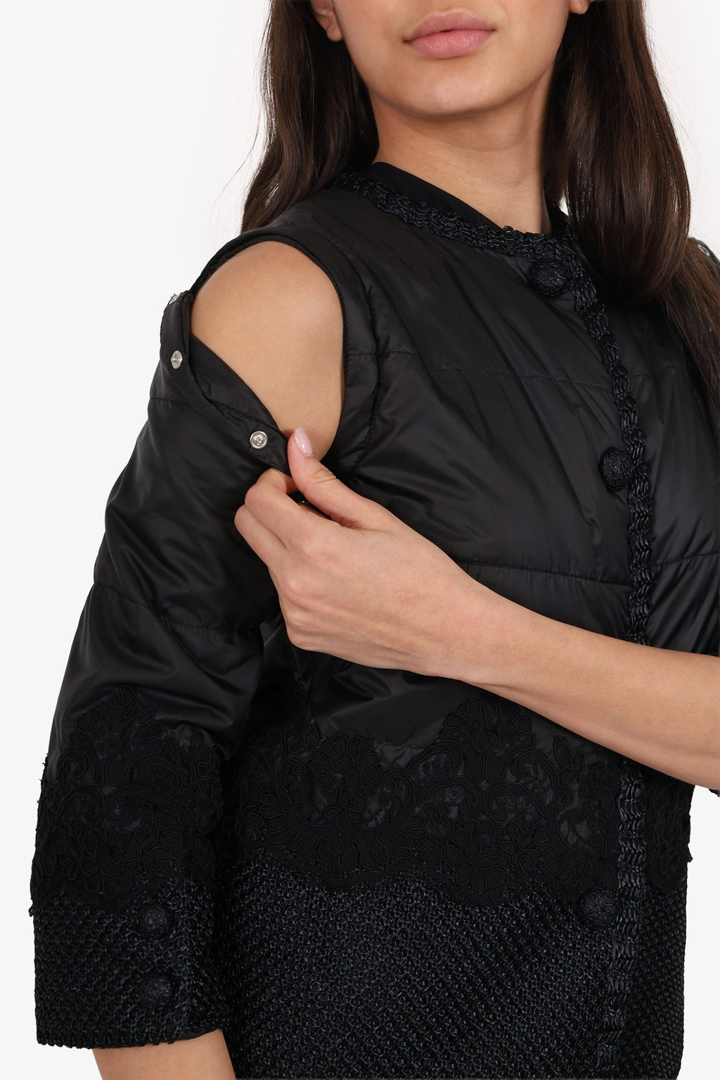 Ermanno Scervino Black Quilted Embroidered Padded Jacket With Detachable Sleeve Size 38