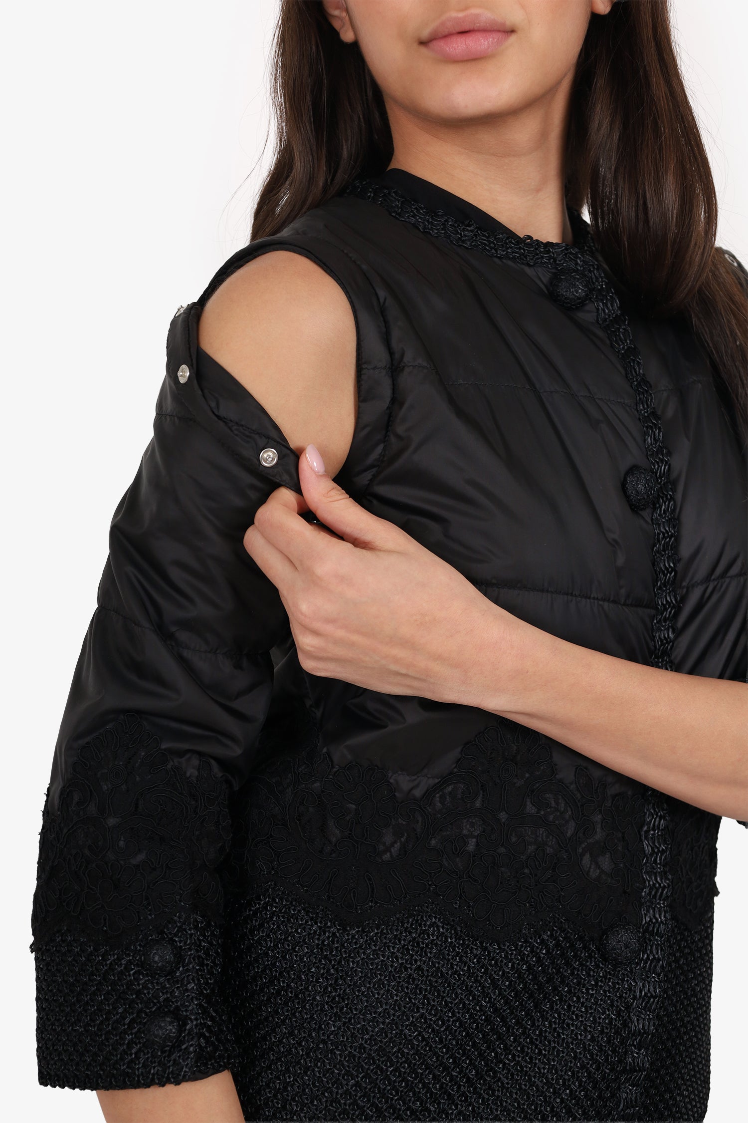 Ermanno Scervino Black Quilted Embroidered Padded Jacket With Detachable Sleeve Size 38