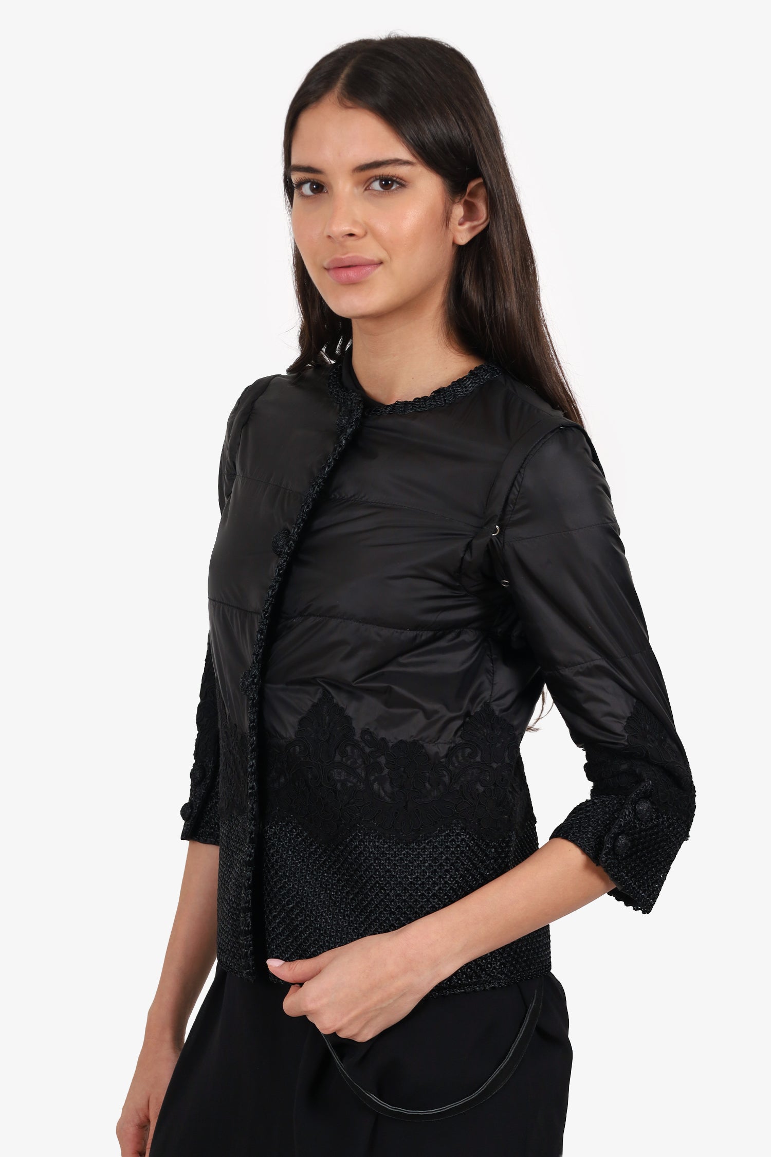 Ermanno Scervino Black Quilted Embroidered Padded Jacket With Detachable Sleeve Size 38