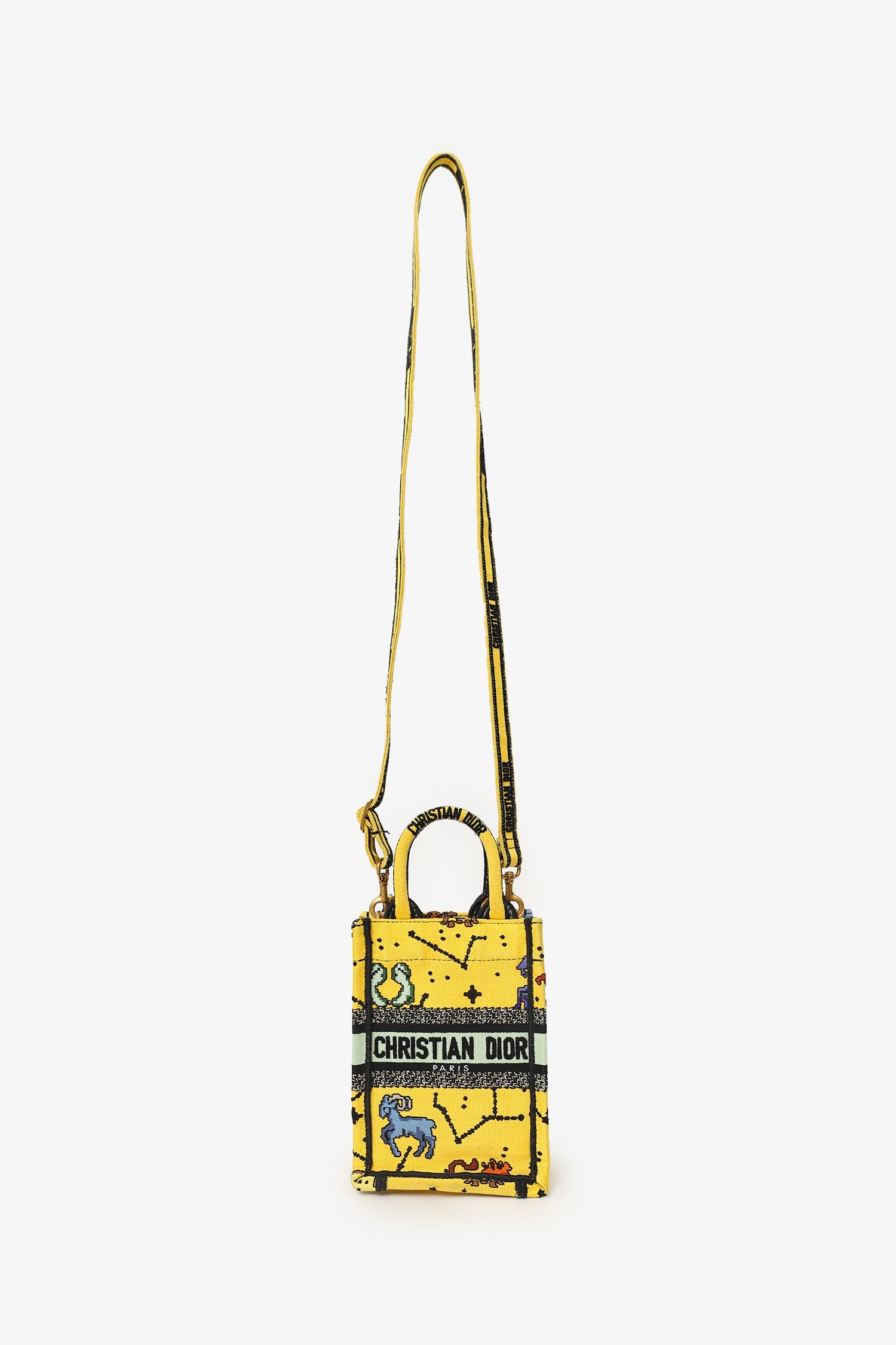 Christian Dior 2022 Yellow Canvas Embroidered Pixel Zodiac Mini Book Tote Phone Bag With Strap