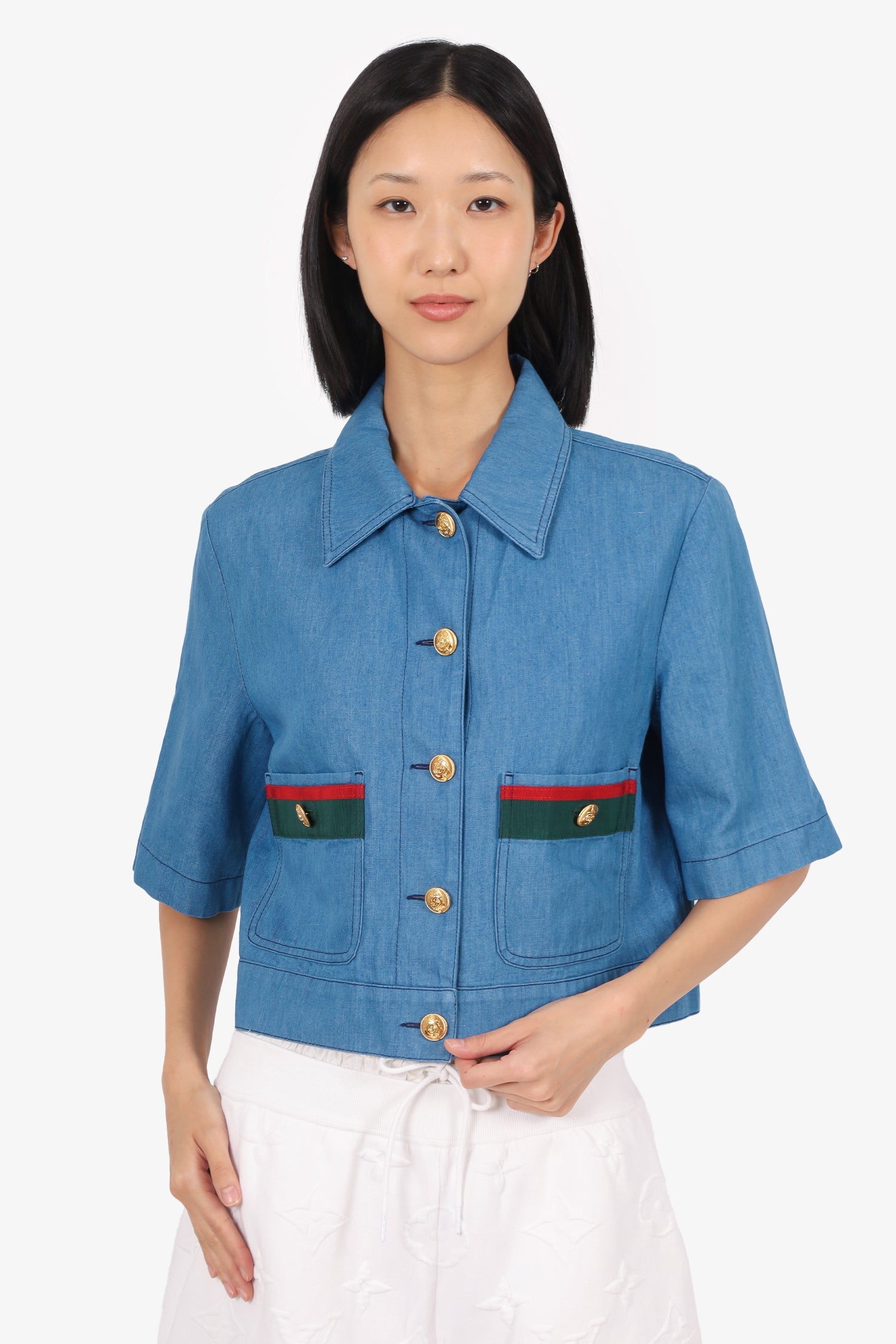 Gucci Blue Short Sleeve Jacket With Web Stripe Size 44