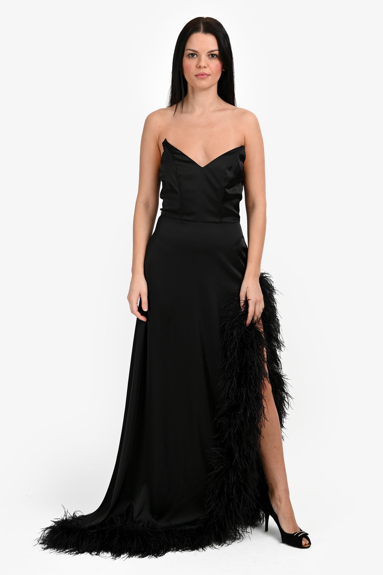 Abyss by Abby Black Satin 'Sonia' Feathered Strapless Maxi Dress Size M