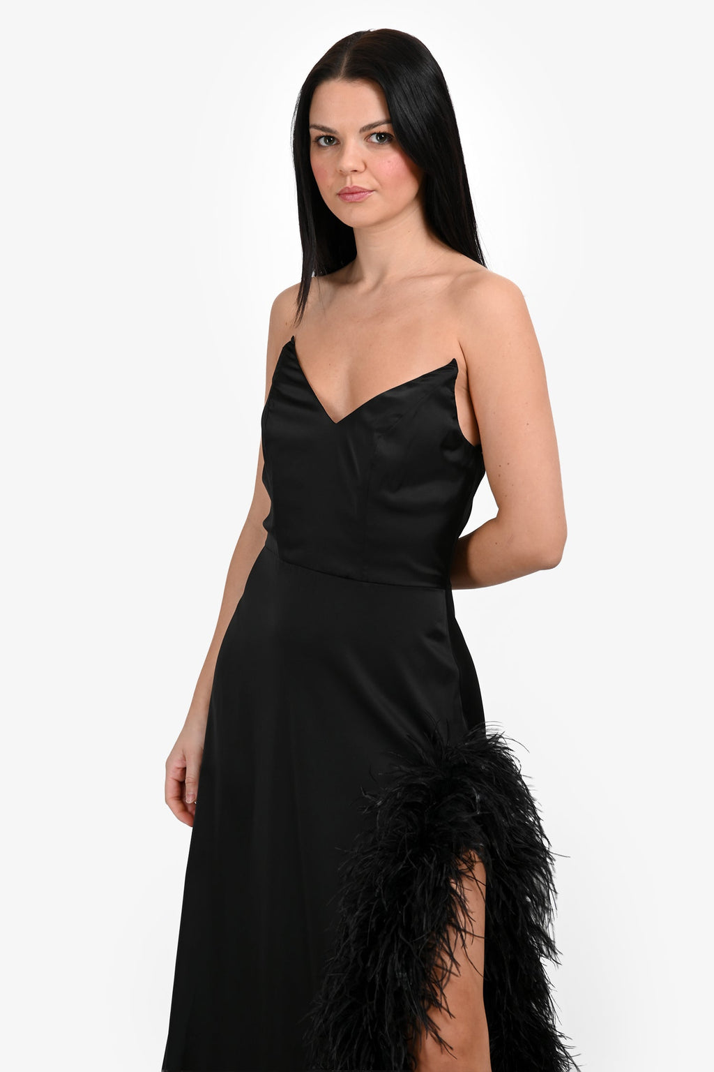 Abyss by Abby Black Satin 'Sonia' Feathered Strapless Maxi Dress Size M