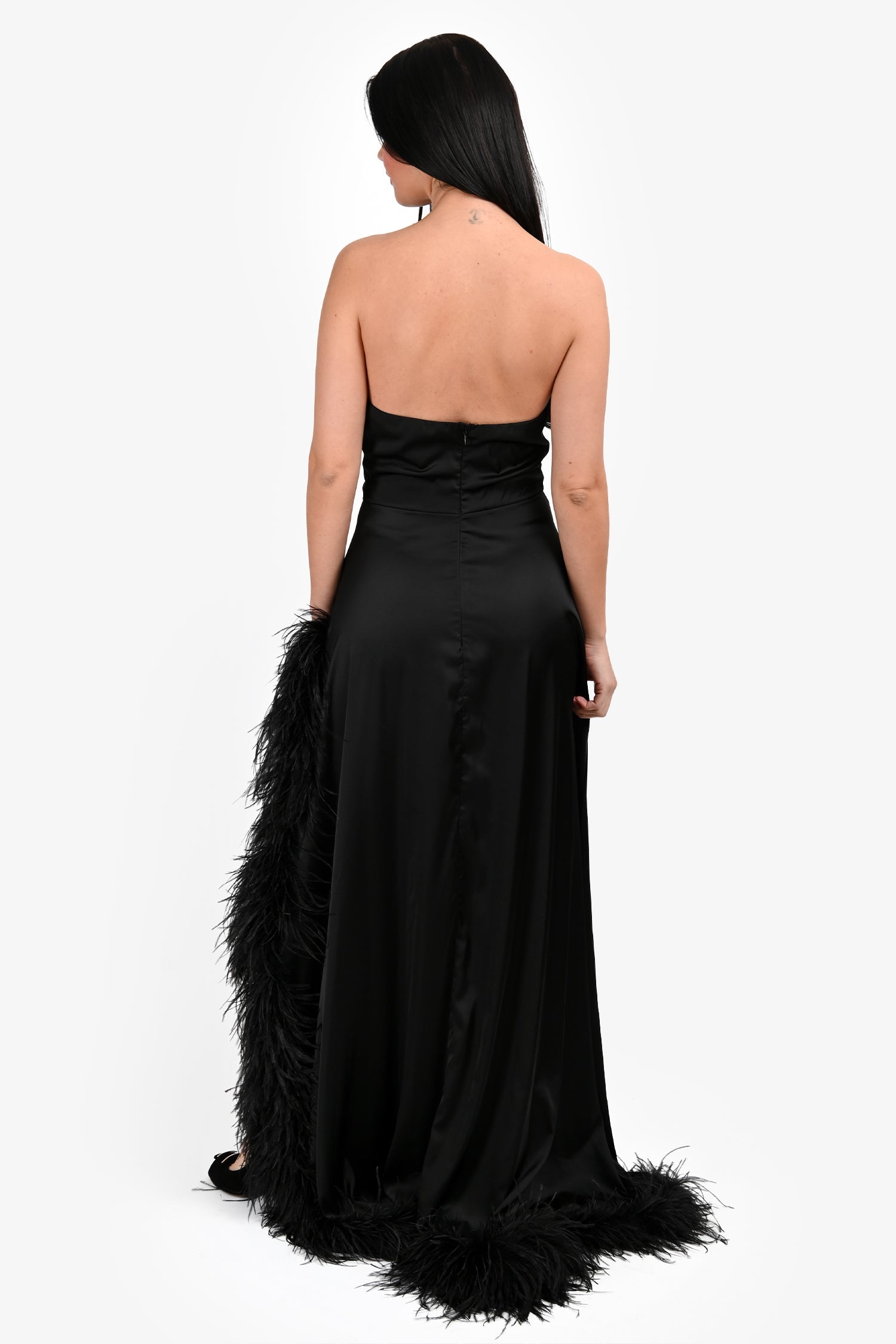Abyss by Abby Black Satin 'Sonia' Feathered Strapless Maxi Dress Size M