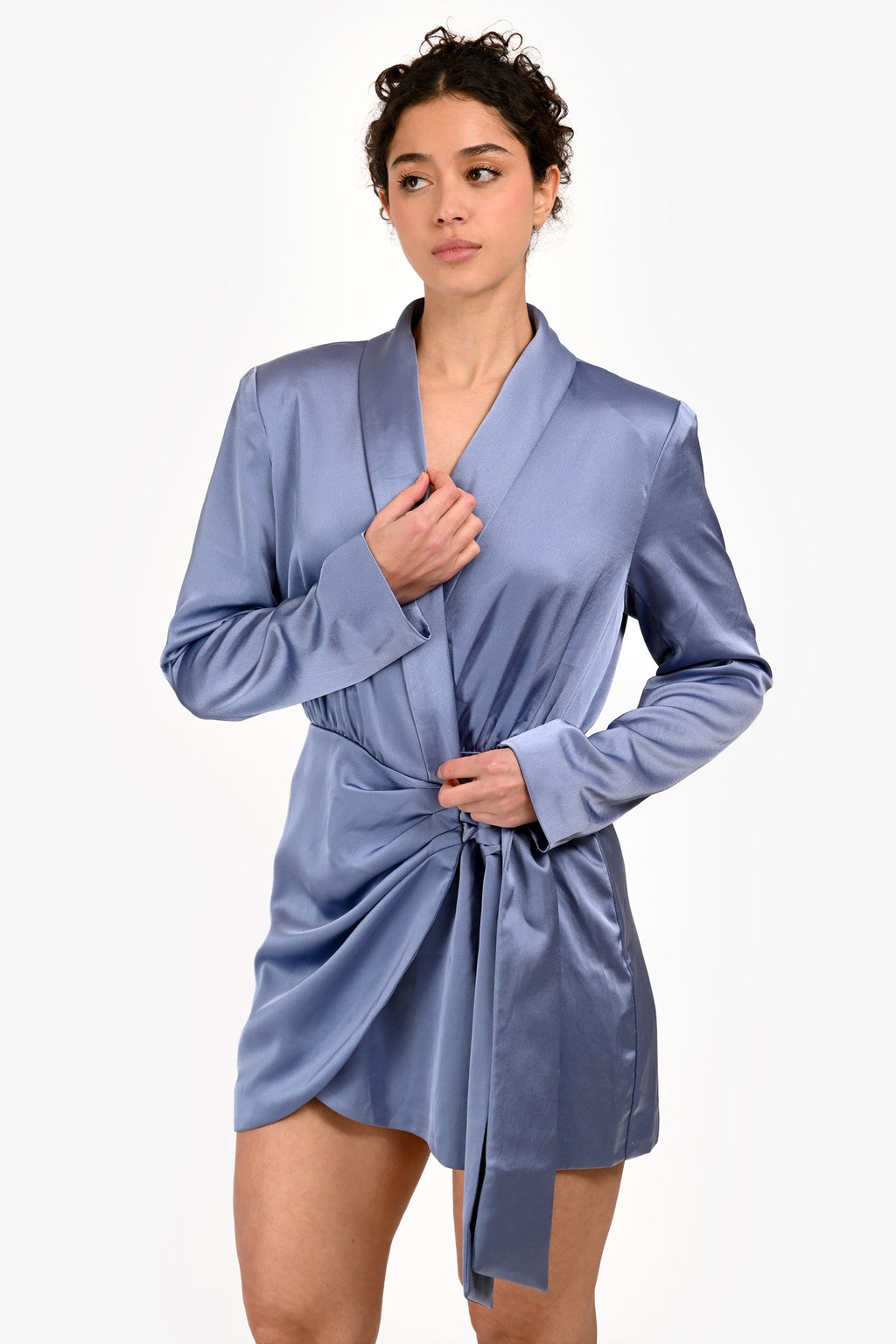 Misha Blue Satin 'Azera' Wrap Long Sleeve Mini Dress Size M