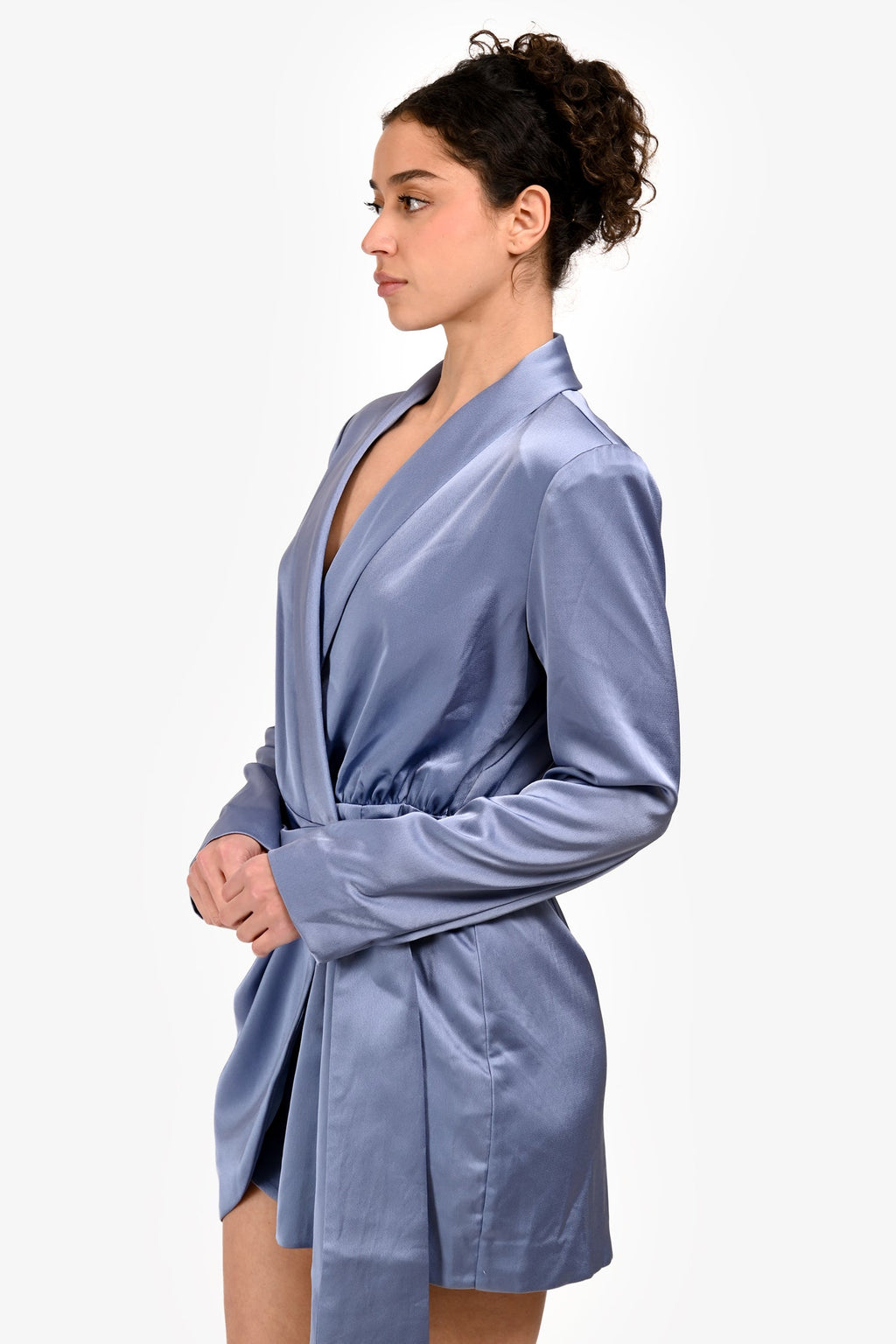 Misha Blue Satin 'Azera' Wrap Long Sleeve Mini Dress Size M