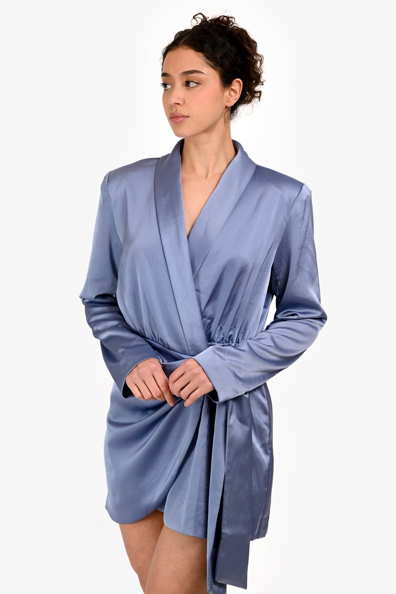 Misha Blue Satin 'Azera' Wrap Long Sleeve Mini Dress Size L
