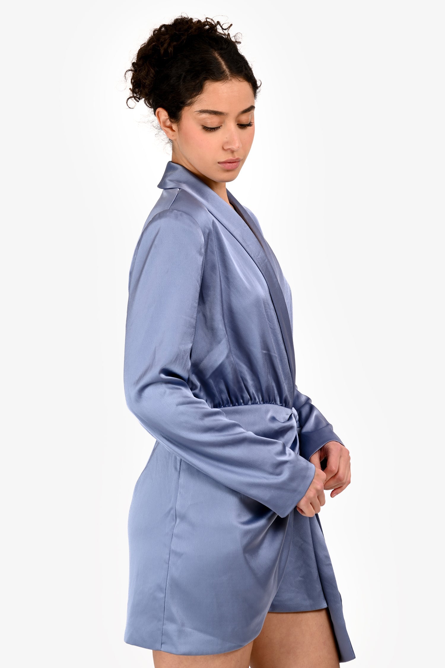 Misha Blue Satin 'Azera' Wrap Long Sleeve Mini Dress Size L