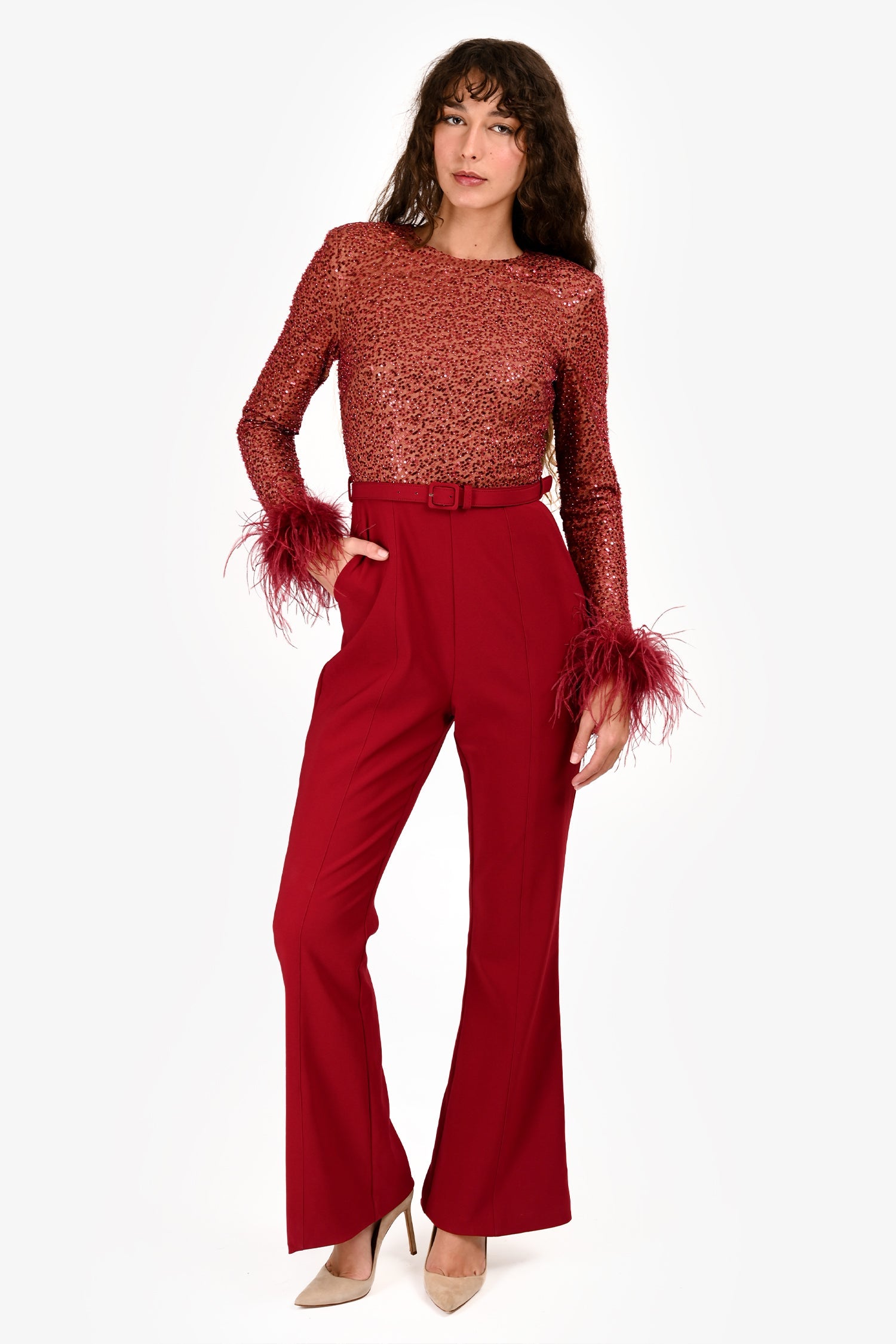 Lavish Alice Red 'Isabel' Sequin/Feather Belted Romper Size S